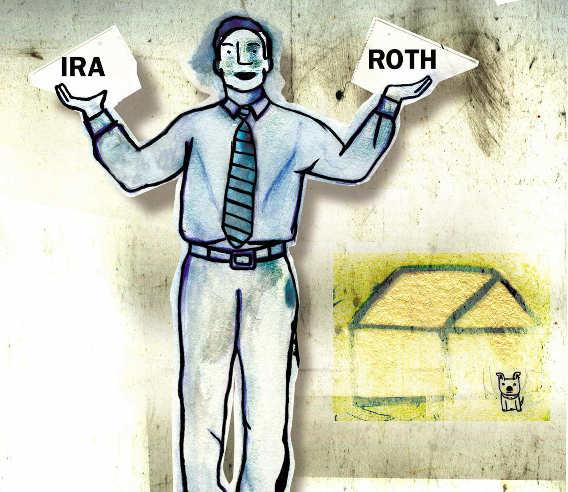300 dpi 3 col x 5.75 in / 146x146 mm / 497x497 pixels Cinthia Romero color illustration of a taxpayer balancing his traditional IRA in one hand and his Roth IRA in the other. The Dallas Morning News 2003 With PFP-ROTHIRA-BIZPLUS:DA, The Dallas Morning News by Pamela Yip <p> KEYWORDS: krtbusiness business krtnational national krtnamer north america krtpersonalfinance personal finance krtusbusiness u.s. us united states coddington dog doghouse finance finanzas grabado illustration ilustracion impu