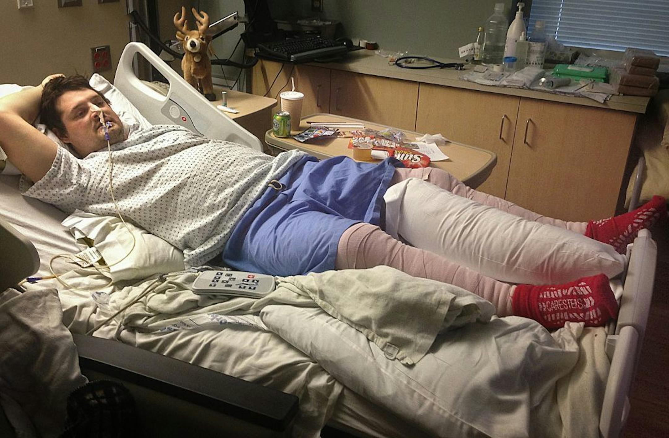 Kyle, 27, recovers at Region's Hospital after a fire on an oil site where he was working in the Bakken badly burned his legs. He moved with his wife from Helena, Mont. to Williston, N.D., in 2011 to work as a maintenance roustabout.