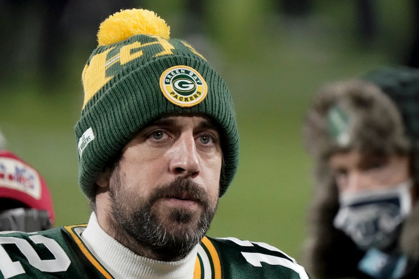 Green Bay Packers quarterback Aaron Rodgers (12) walks off the field after the NFC championship game loss to Tampa Bay.