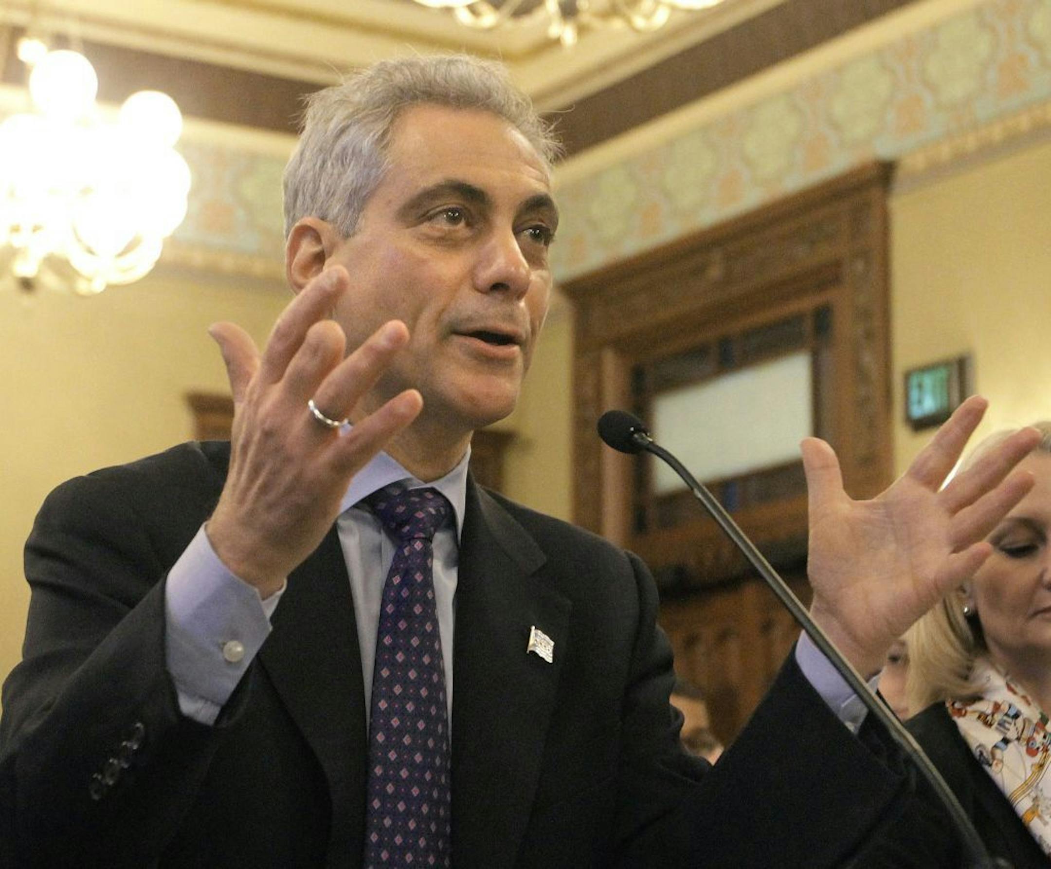 Chicago Mayor Rahm Emanuel testifies during the House Committee Hearing on Personnel and Pensions at the Illinois State Capitol Tuesday, May 8, 2012 in Springfield, Ill. Emanuel wants to raise the retirement age, make city employees contribute more to their pension funds and halt cost-of-living increases for retirees.