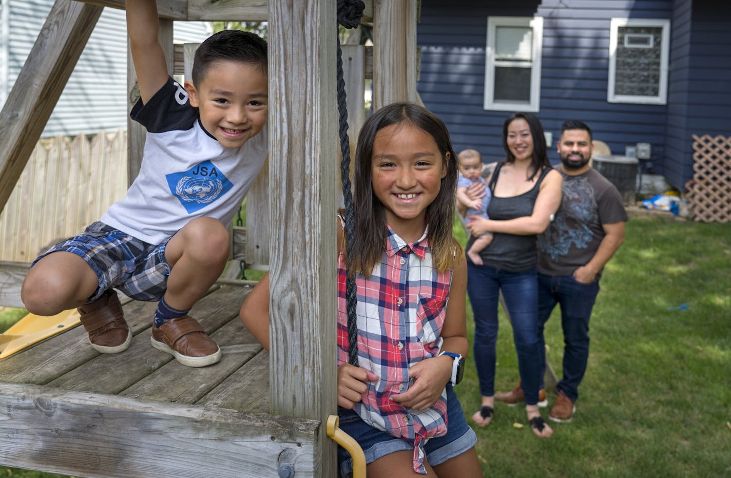 As families prepare for the uncertainty of the school year, many are looking to learning pods. Katy and Carlos Armendariz, at back right, are looking to hire a teacher for a pod with Juliano, 5, and Gabriela, 9, along with kids from two other families.