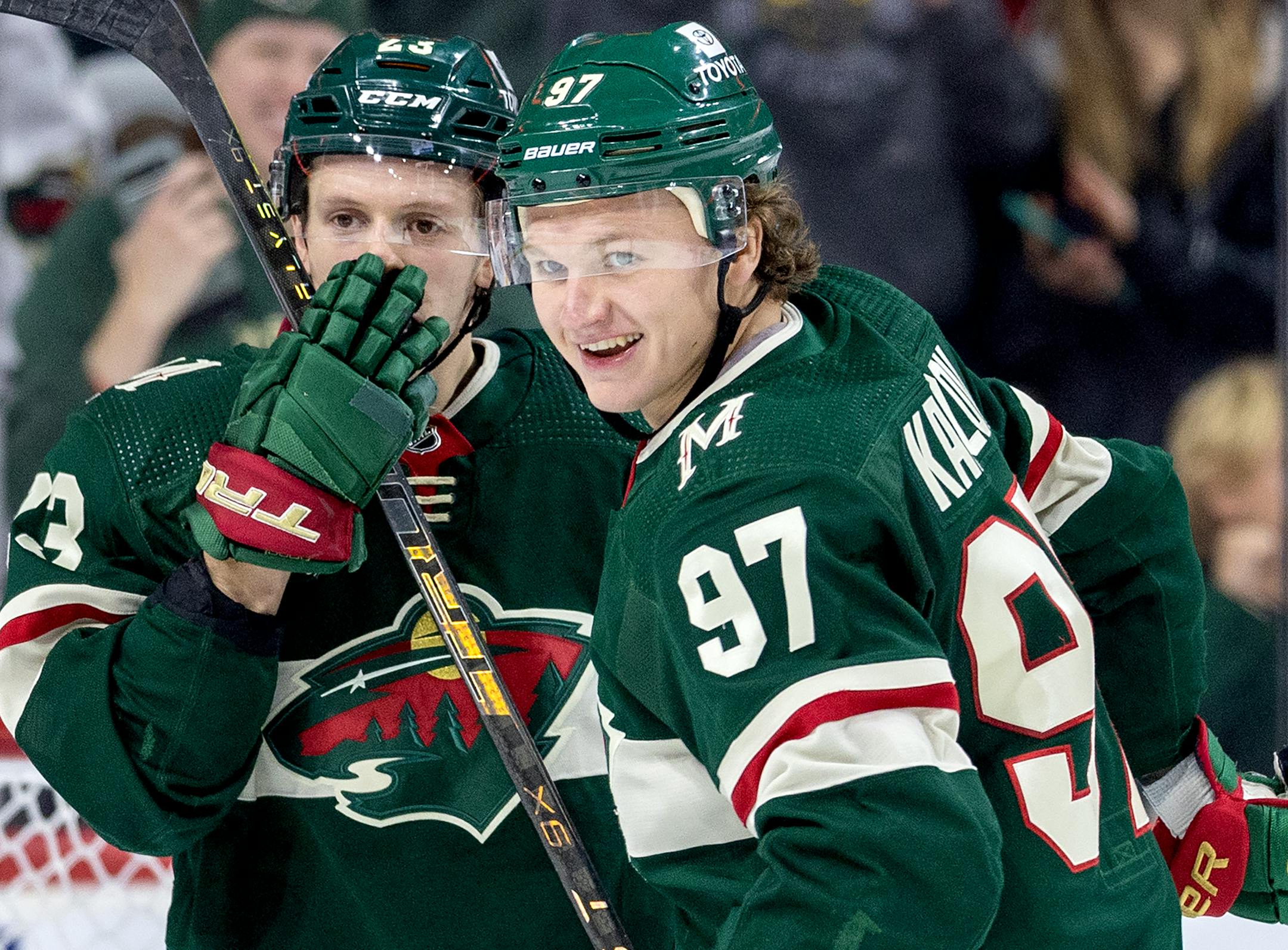 Kirill Kaprizov (97) of the Minnesota Wild celebrates after scoring his second goal in the second period.