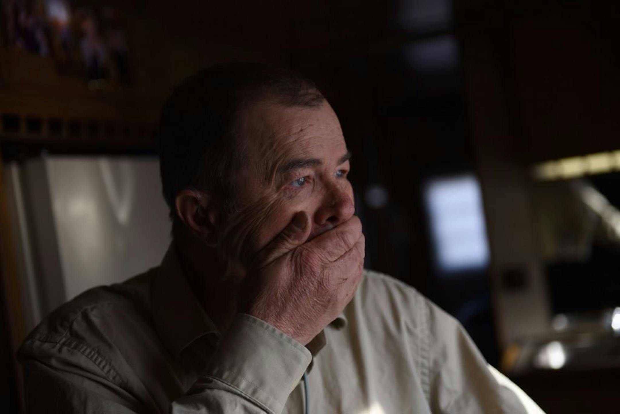 Roger Hanson watched the footage of his Lake Superior Ice Project collapse inside the RV at the sculpture's site in Superior, Wisconsin on February 3, 2015. Photo by Angela Jimenez for The New York Times NYTCREDIT: Angela Jimenez for The New York Times