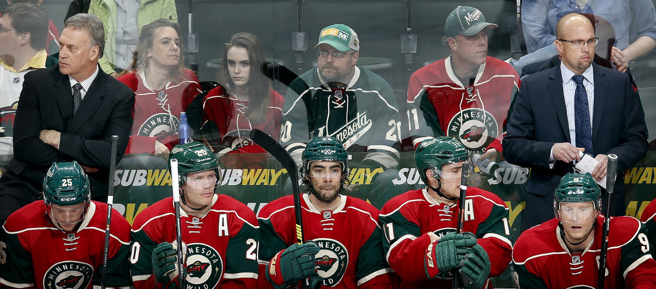 Minnesota Wild coaches Rick Wilson and Mike Yeo. ] CARLOS GONZALEZ cgonzalez@startribune.com - April 10, 2014, St. Paul, Minn., Xcel Energy Center, NHL, Minnesota Wild vs. St. Louis Blues