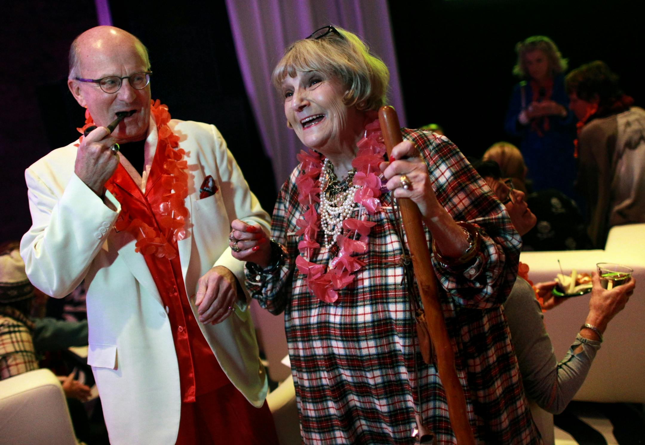 Jim Boyer aKa "The Hef" and Barbara Carlson ___ Opening night of the event, Girls night out Ð at the theater? at the Lab Theater. The Ultimate Pajama Party targets women theatergoers, courting middle-aged gal pals out on the town for an interactive good time -- in their jammies. [ TOM WALLACE ¥ twallace@startribune.com _ Assignments #20027180A_ January 17, 2013_ SLUG: stag0125_ EXTRA INFORMATION: