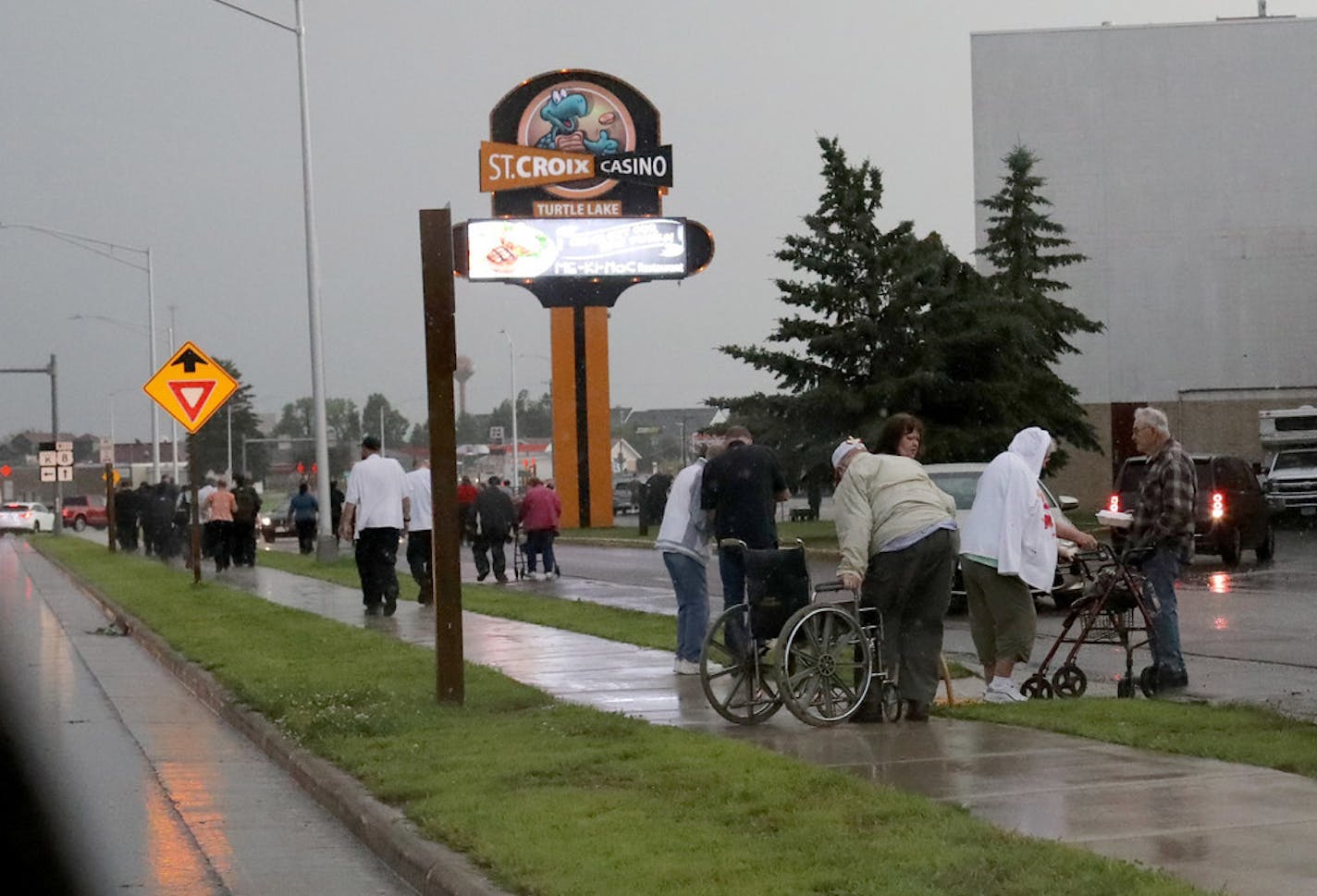 Patrons and employees at St. Croix Casino in Turtle Lake, Wis., evacuated the building after a strong afternoon thunderstorm moved through Friday.