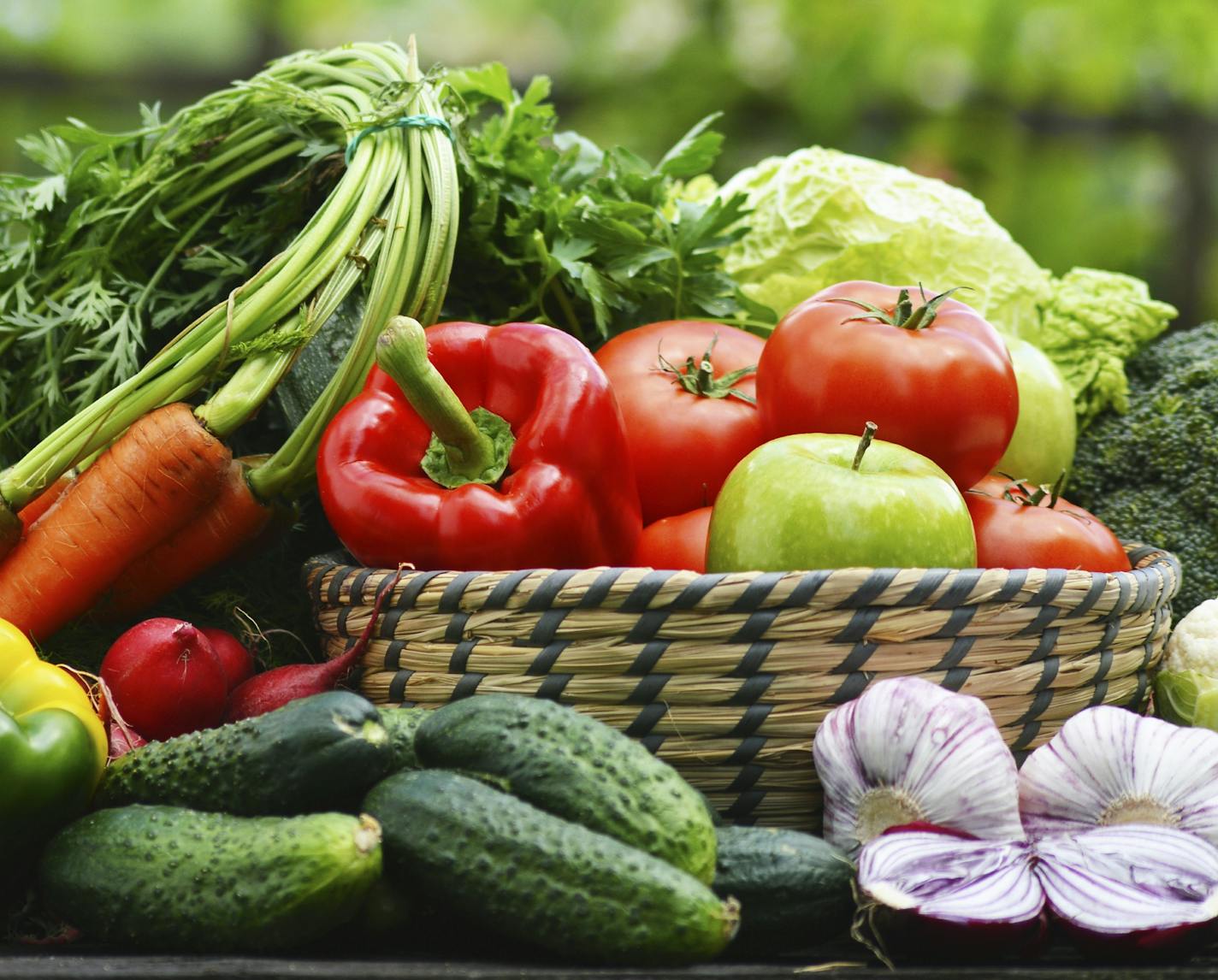 Fresh organic vegetables in wicker basket in the garden.