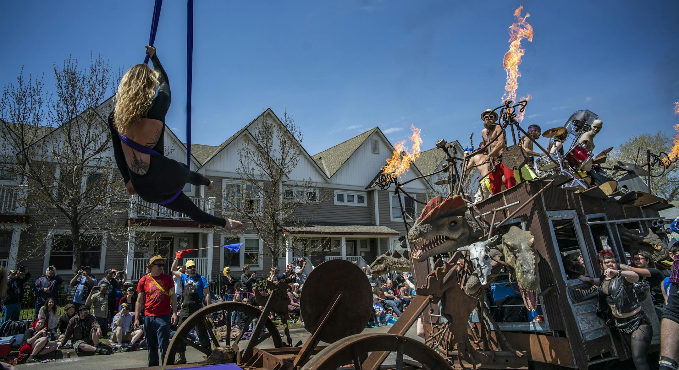 Members of South Side Battletrain strut their stuff.] It's the annual May Day Parade, put on by the In the Heart of the Beast Puppet and Mask Theatre. This could be the last year that we see it in this fashion, due to the financial straits HOBT has faced. RICHARD TSONG-TAATARII &#xa5; richard.tsong-taatarii@startribune.com