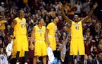 The Minnesota Golden Gophers bench erupted after a 3-point shot made by Minnesota Golden Gophers guard Nate Mason (2) in the second half against the M