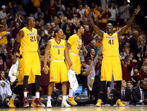 The Minnesota Golden Gophers bench erupted after a 3-point shot made by Minnesota Golden Gophers guard Nate Mason (2) in the second half against the M