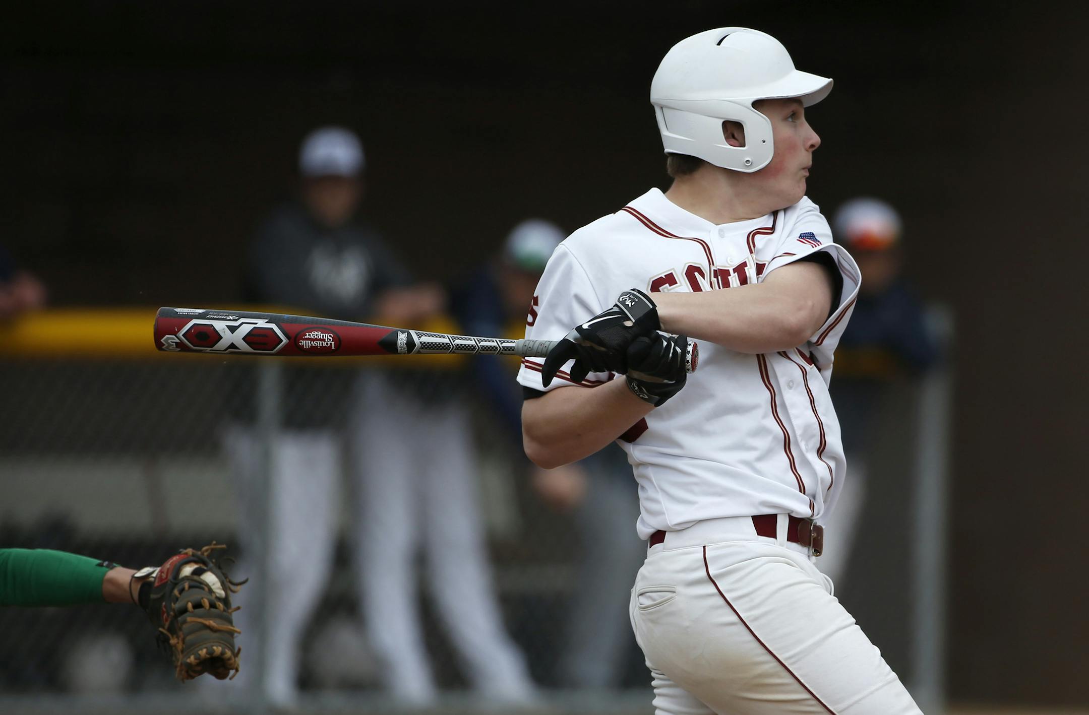 Lakeville's Brady Wohlers hit a double in the second inning. ] (KYNDELL HARKNESS/STAR TRIBUNE) kyndell.harkness@startribune.com Lakeville South vs Rosemount in Lakeville Min., Wednesday, April 8, 2014.