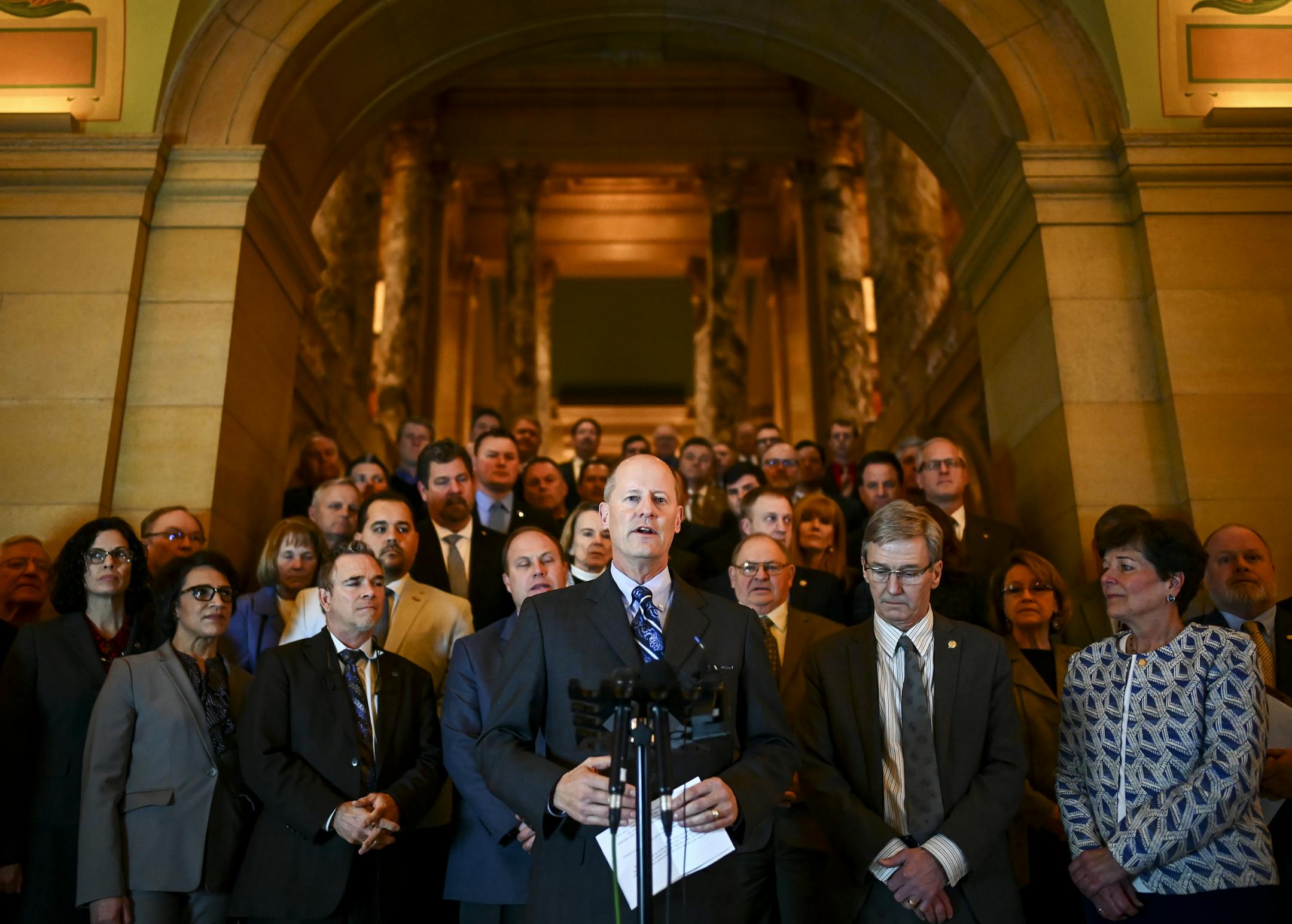 Senate Majority Leader Paul Gazelka, R-Nisswa, spoke in front of a group of anti-abortion legislators during a rally at the capitol Thursday to oppose legislation in New York and Virginia that expands the circumstances under which a woman could have a late-term abortion. ] Aaron Lavinsky ¥ aaron.lavinsky@startribune.com Minnesota legislators are rallying at the Capitol Thursday to oppose legislation in New York and Virginia that expands the circumstances under which a woman could have a lat