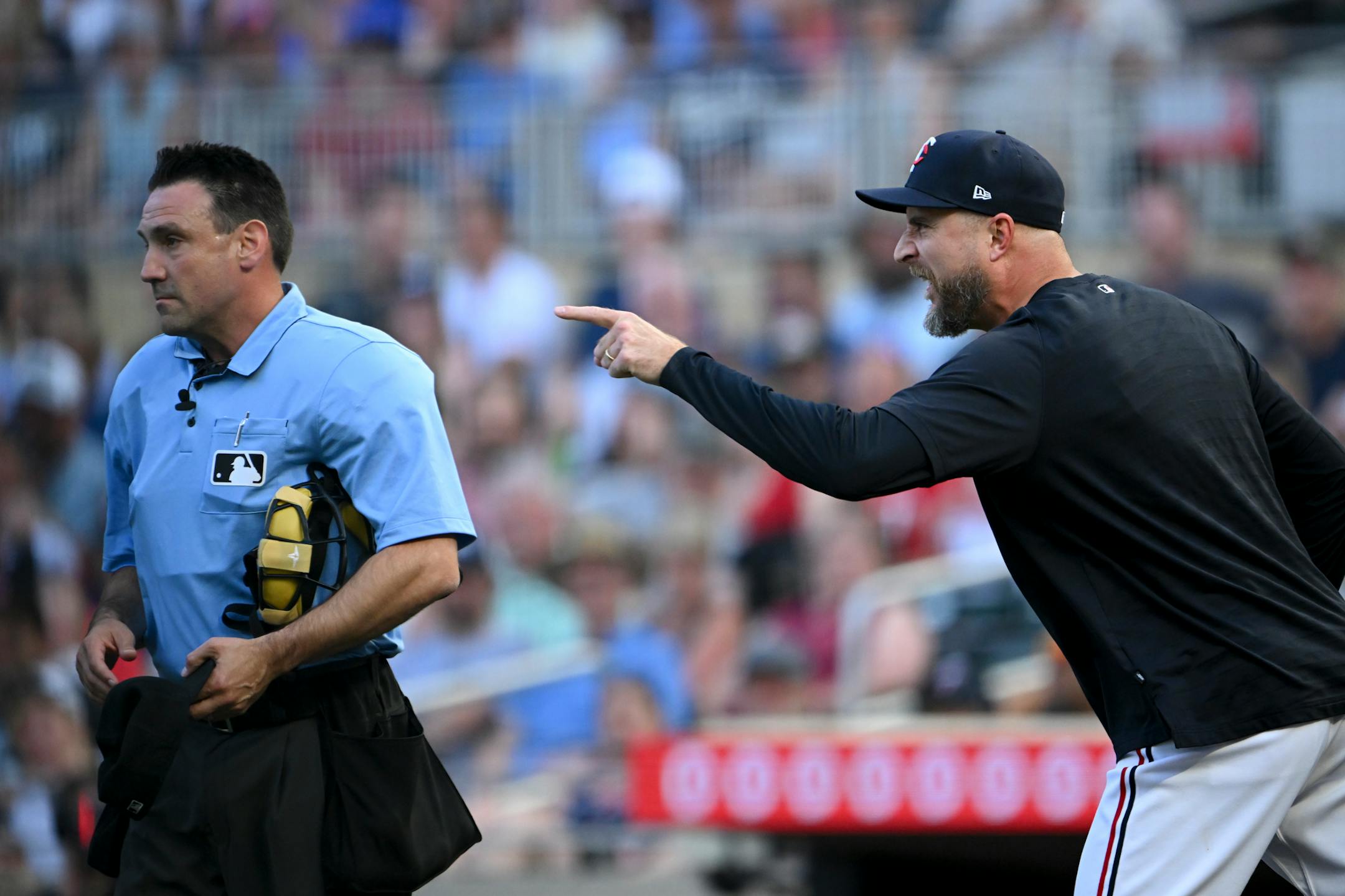 Minnesota Twins manager Rocco Baldelli (5) gives umpire David Rackley (86) an earful after he was ejected in the top of the fifth inning against the Boston Red Sox Wednesday, June 21, 2023, at Target Field in Minneapolis, Minn.