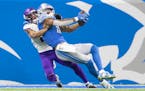 Mike Hughes of the Vikings broke up a pass intended for Detroit’s Kenny Golladay in a game at Ford Field in 2019.