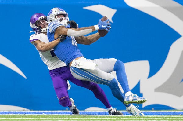 Mike Hughes of the Vikings broke up a pass intended for Detroit’s Kenny Golladay in a game at Ford Field in 2019.