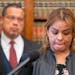 Manuela Enriquez, 43, from Burnsville, Minn., speaks during a press conference at the Attorney General’s Office inside the Minnesota State Capitol i