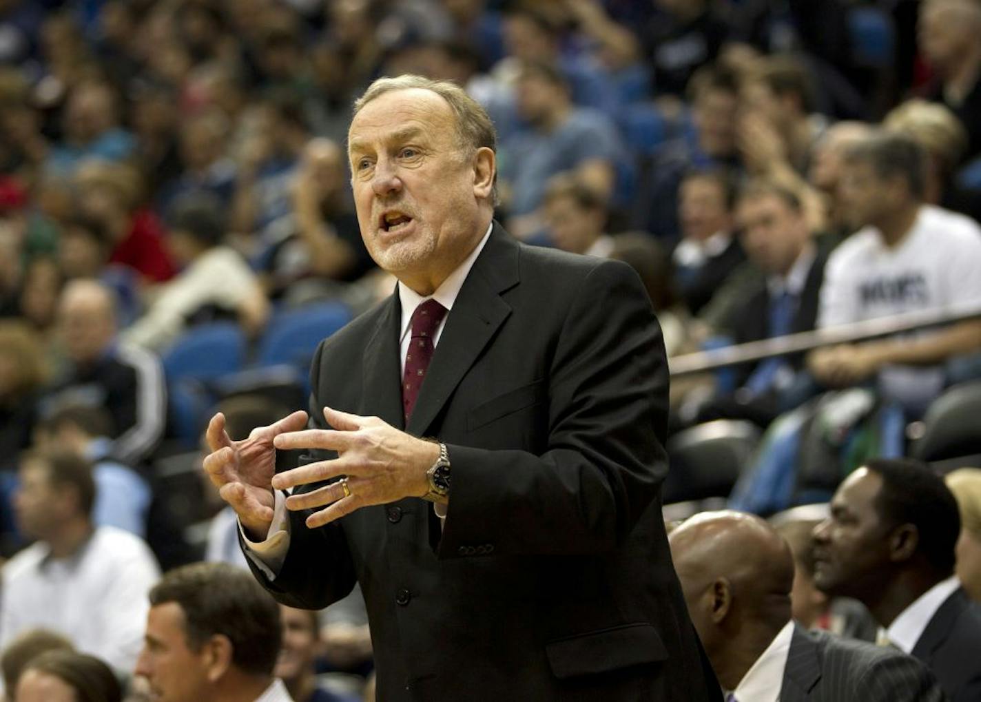 Minnesota Timberwolves head coach Rick Adelman shouts from the bench during the game against the Oklahoma City Thunder at the Target Center in Minneapolis, Minnesota, Monday, December 26, 2011. The Thunder defeated the Timberwolves, 104-100.