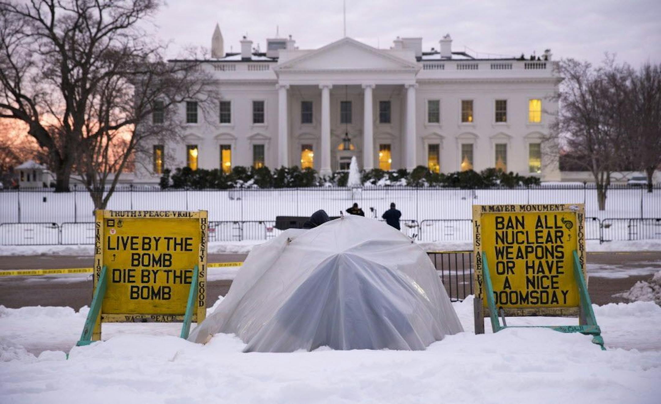 The anti-nuclear-proliferation vigil stationed along Pennsylvania Avenue on the edge of Lafayette Square Park is maintained across from the White House in Washington, Tuesday, Jan. 26, 2016. Concepcion Picciotto, the protester who maintained a peace vigil for more than three decades died Monday, Jan. 25, 2016.