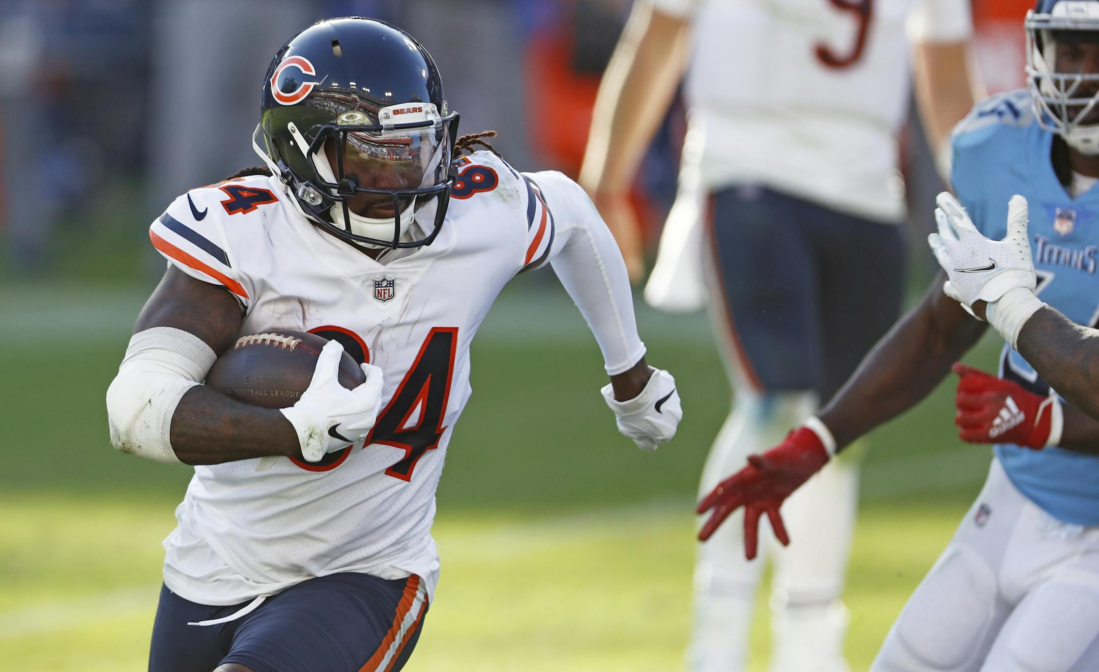 Chicago Bears wide receiver Cordarrelle Patterson (84) carries the ball against the Tennessee Titans in the second half of an NFL football game Sunday, Nov. 8, 2020, in Nashville, Tenn. (AP Photo/Wade Payne)