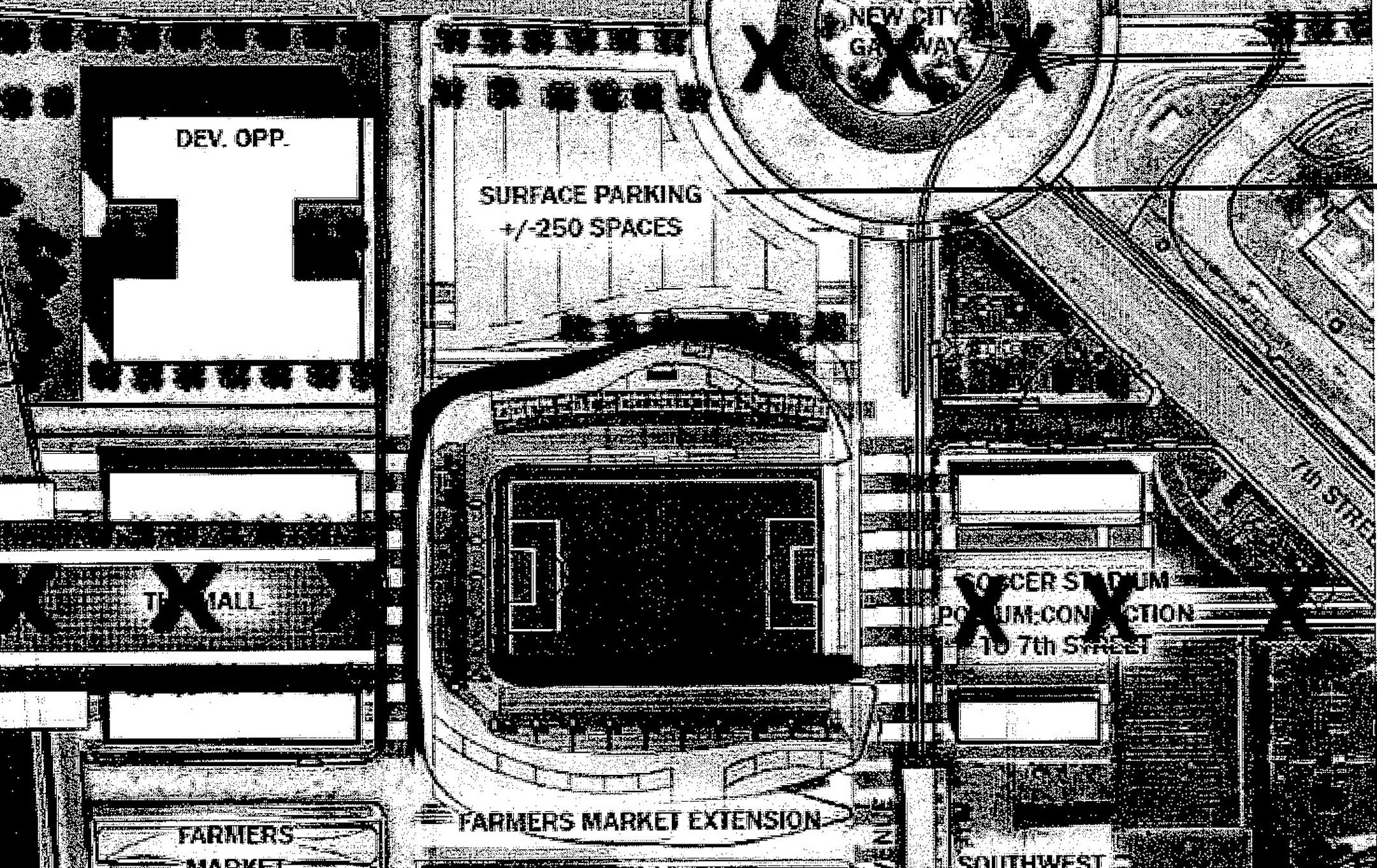 A stadium schematic included in e-mail correspondence between Dan Kenney and Hennepin County commissioner Mike Opat on March 11. Kenney confirmed the schematic was created by design firm Populous, but he added the "X"s to indicated concepts that should be removed from the base plan.