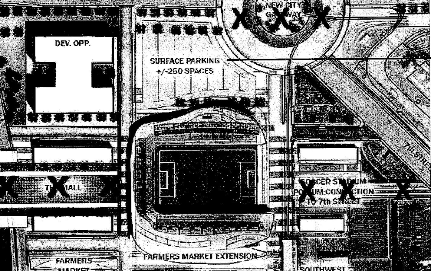 A stadium schematic included in e-mail correspondence between Dan Kenney and Hennepin County commissioner Mike Opat on March 11. Kenney confirmed the schematic was created by design firm Populous, but he added the "X"s to indicated concepts that should be removed from the base plan.