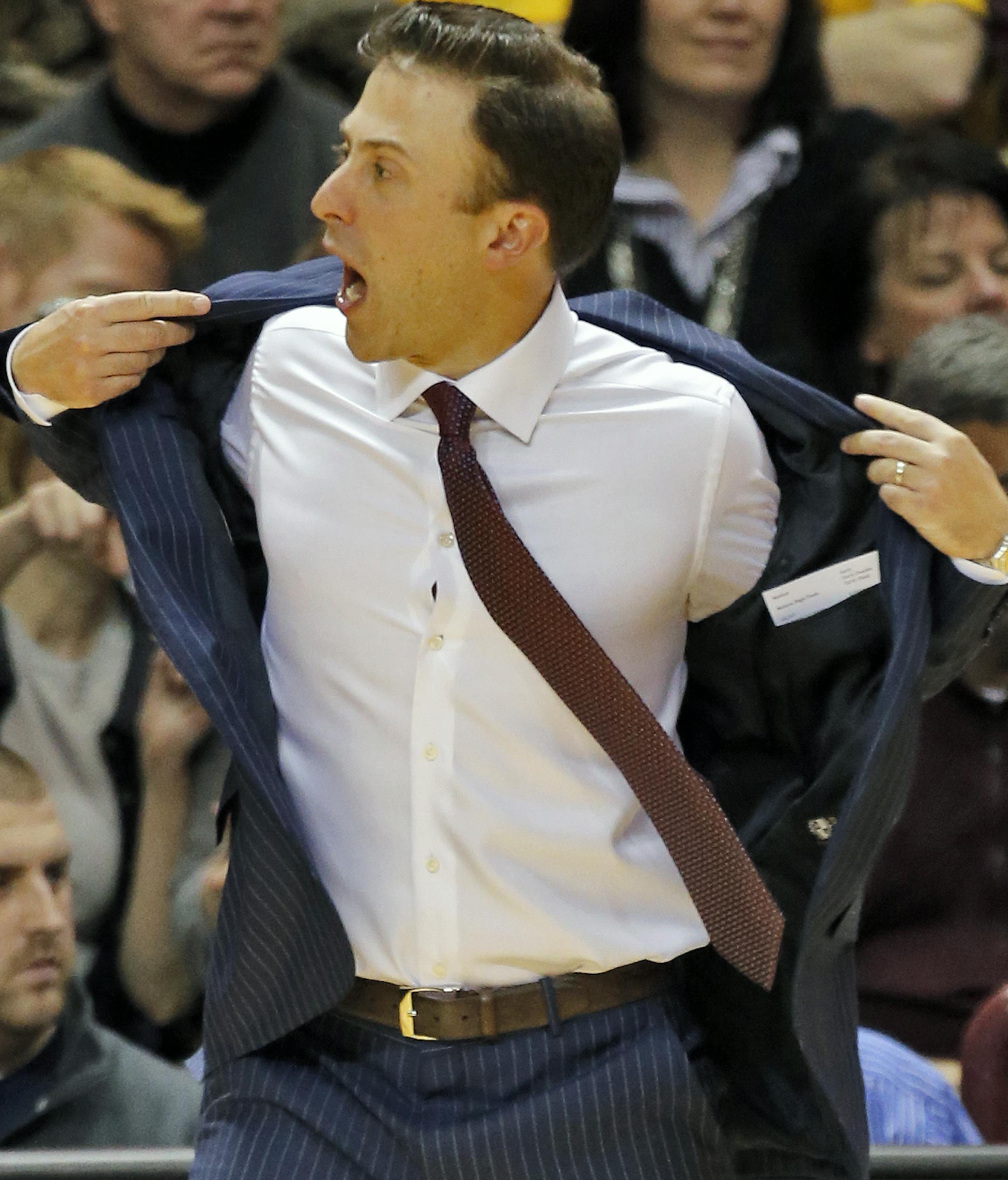 Minnesota Gophers vs. Ohio State Buckeyes basketball. Minnesota won 63-53. Minnesota head coach Richard Pitano ripped off his jacket in frustration with an official's call. (MARLIN LEVISON/STARTRIBUNE(mlevison@startribune.com) ORG XMIT: MIN1401271201503102