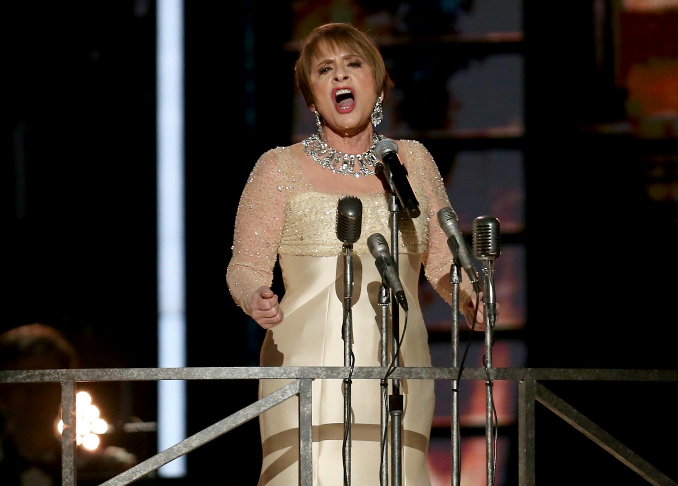 Patti LuPone performs "Don't Cry For Me Argentina" during a tribute to Leonard Bernstein and Andrew Lloyd Webber at the 60th annual Grammy Awards at Madison Square Garden on Sunday, Jan. 28, 2018, in New York.