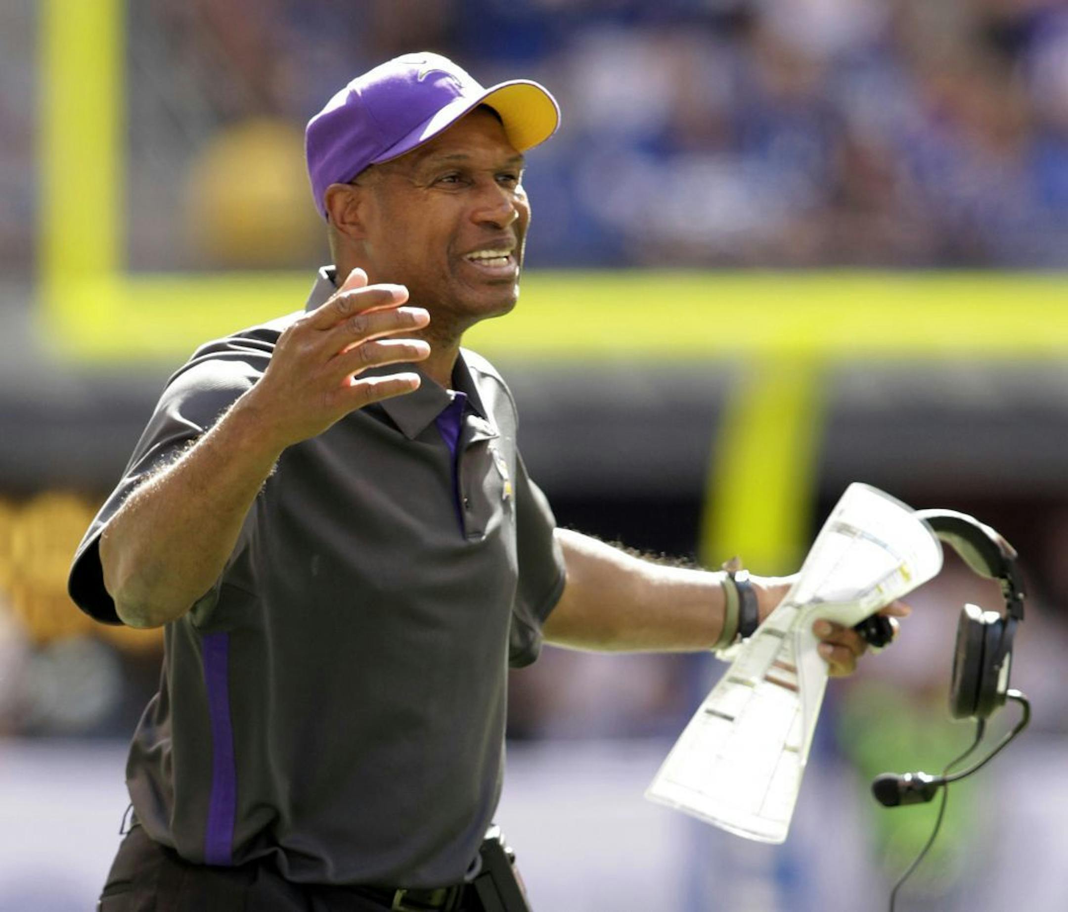Minnesota Vikings head coach Leslie Frazier reacts during the second half of an NFL football game against the Indianapolis Colts in Indianapolis, Sunday, Sept. 16, 2012.