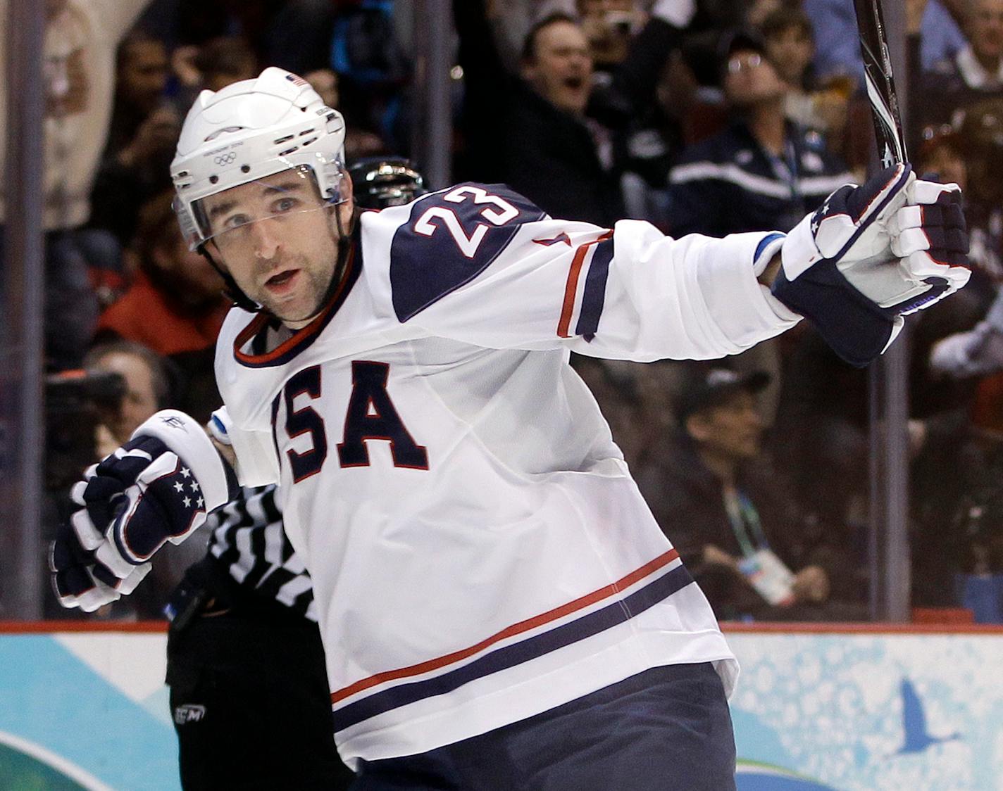 Chris Drury, celebrating a goal for the United States in the 2010 Winter Olympics in Vancouver, is one of four people elected to the U.S. Hockey Hall of Fame's Class of 2015.