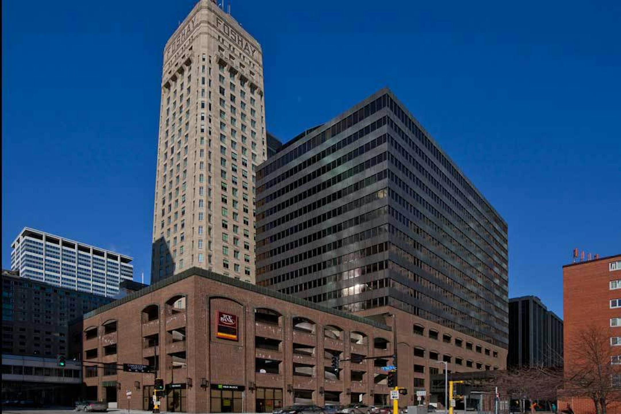 The 17-story TCF Tower, at right, would remain, while the 4-story bank buidling, not seen, would be torn down for a 50-story tower of retail, offices and residential on the same block as the Foshay Tower.