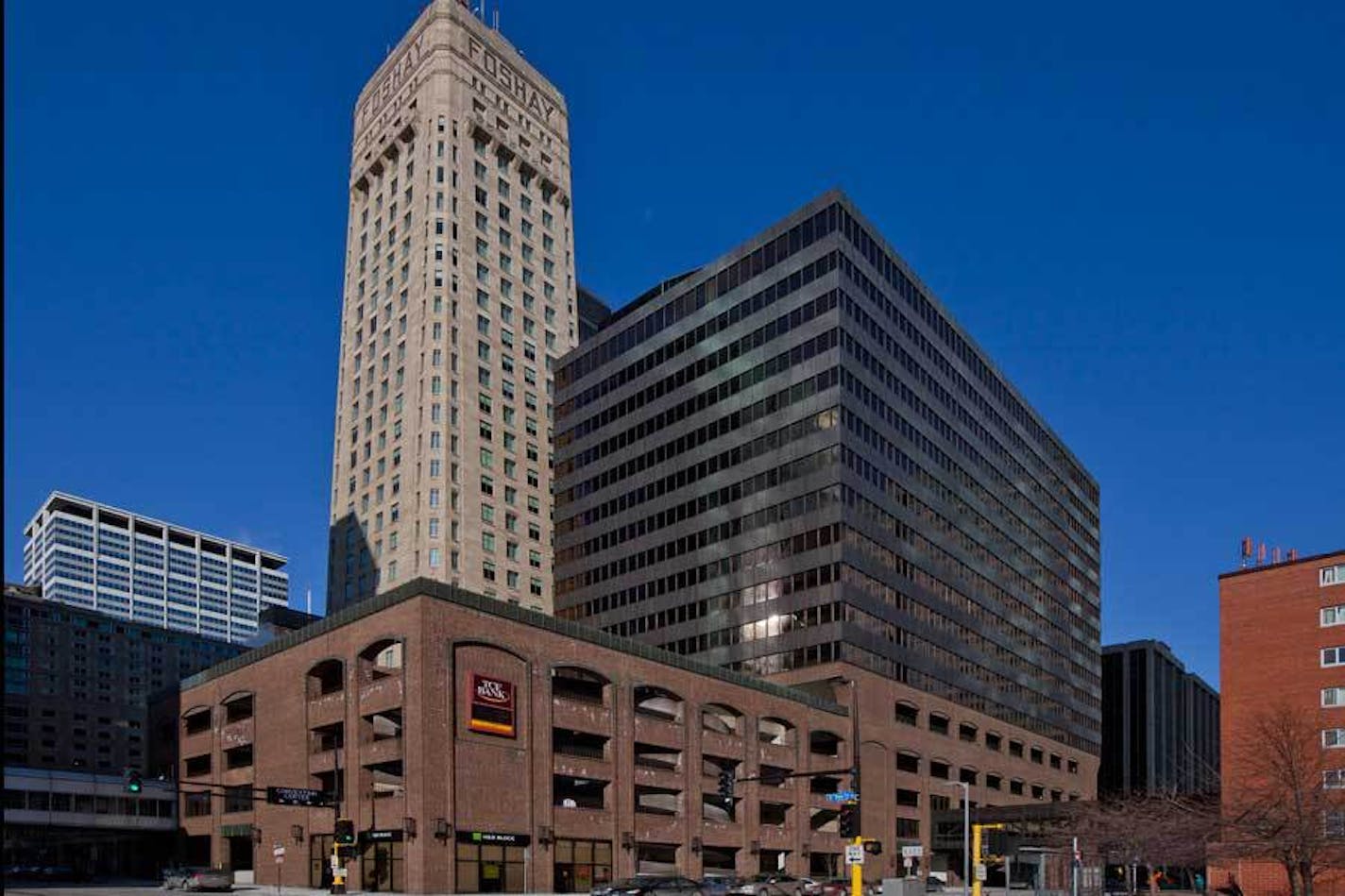 The 17-story TCF Tower, at right, would remain, while the 4-story bank buidling, not seen, would be torn down for a 50-story tower of retail, offices and residential on the same block as the Foshay Tower.