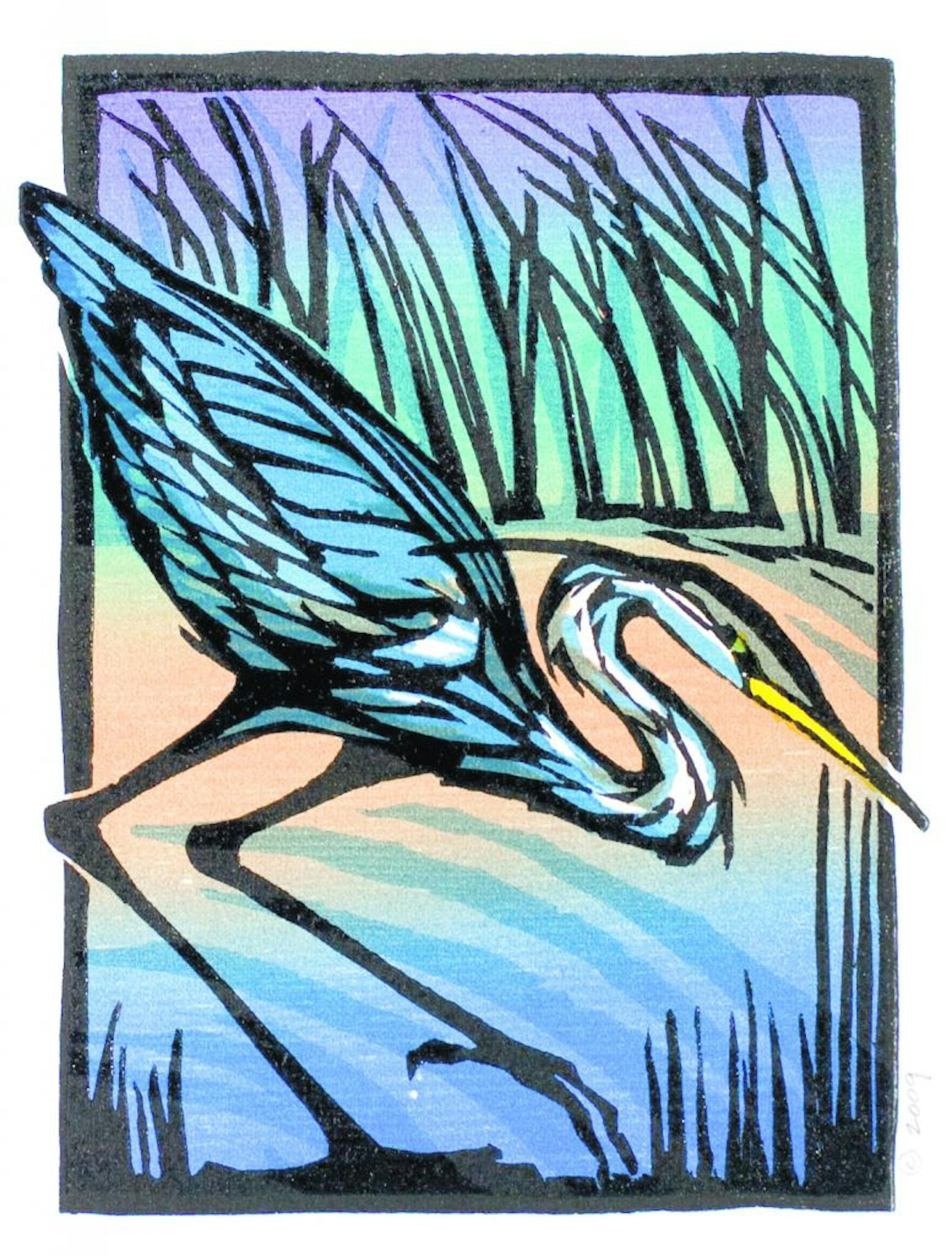 Betsy Bowen woodcut "Great Blue Heron."