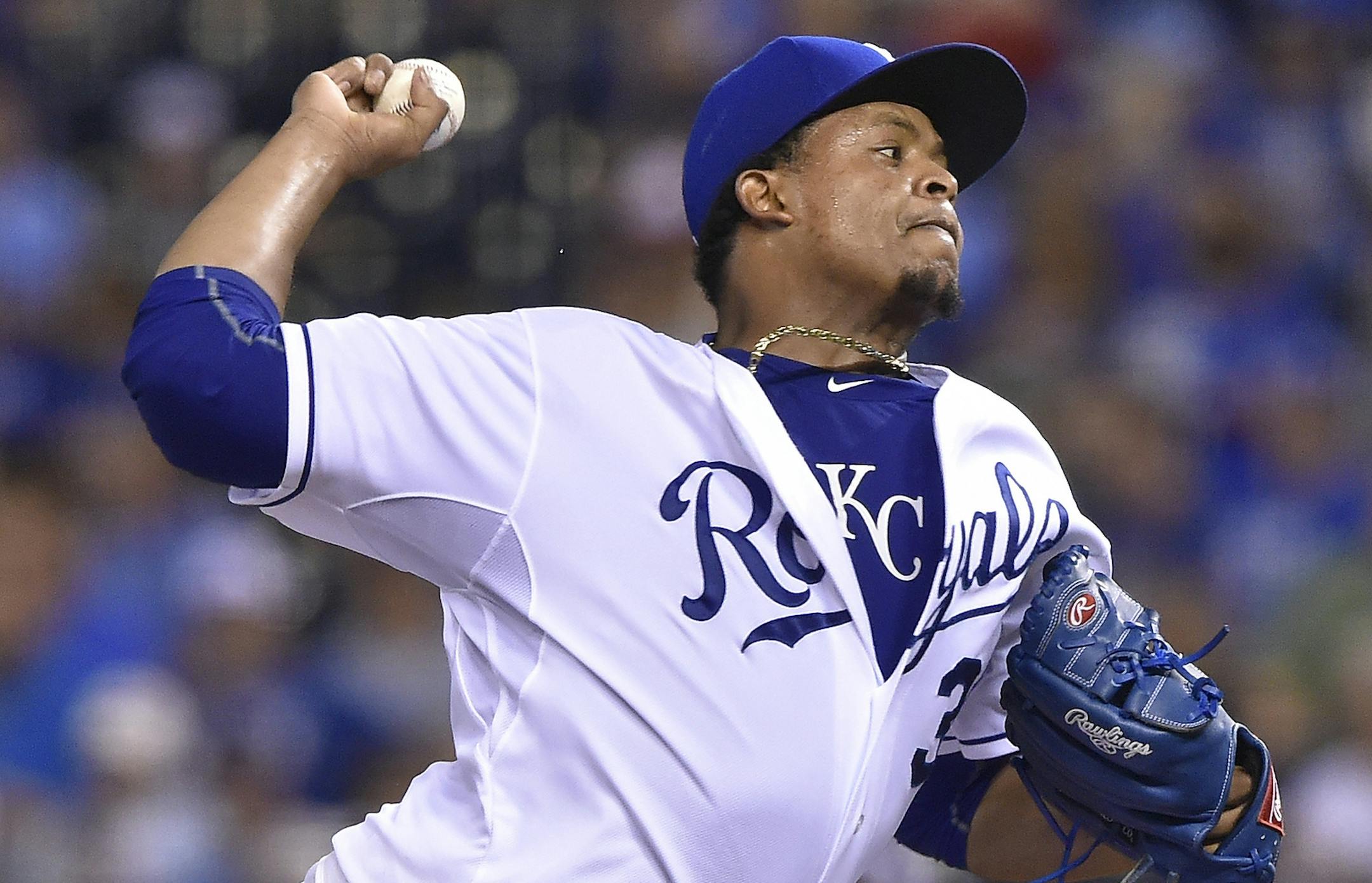 Kansas City Royals starting pitcher Edinson Volquez throws in the sixth inning against the Minnesota Twins on Tuesday, Sept. 8, 2015, at Kauffman Stadium in Kansas City, Mo. (John Sleezer/Kansas City Star/TNS)