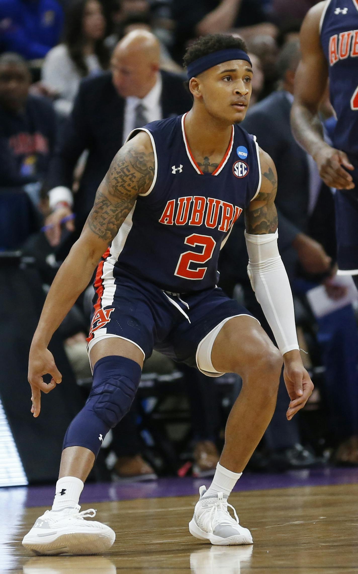 Auburn guard Bryce Brown (2) reacts after making a 3-pointer against Kansas during the first half of a second-round game in the NCAA men's college basketball tournament Saturday, March 23, 2019, in Salt Lake City. (AP Photo/Rick Bowmer)