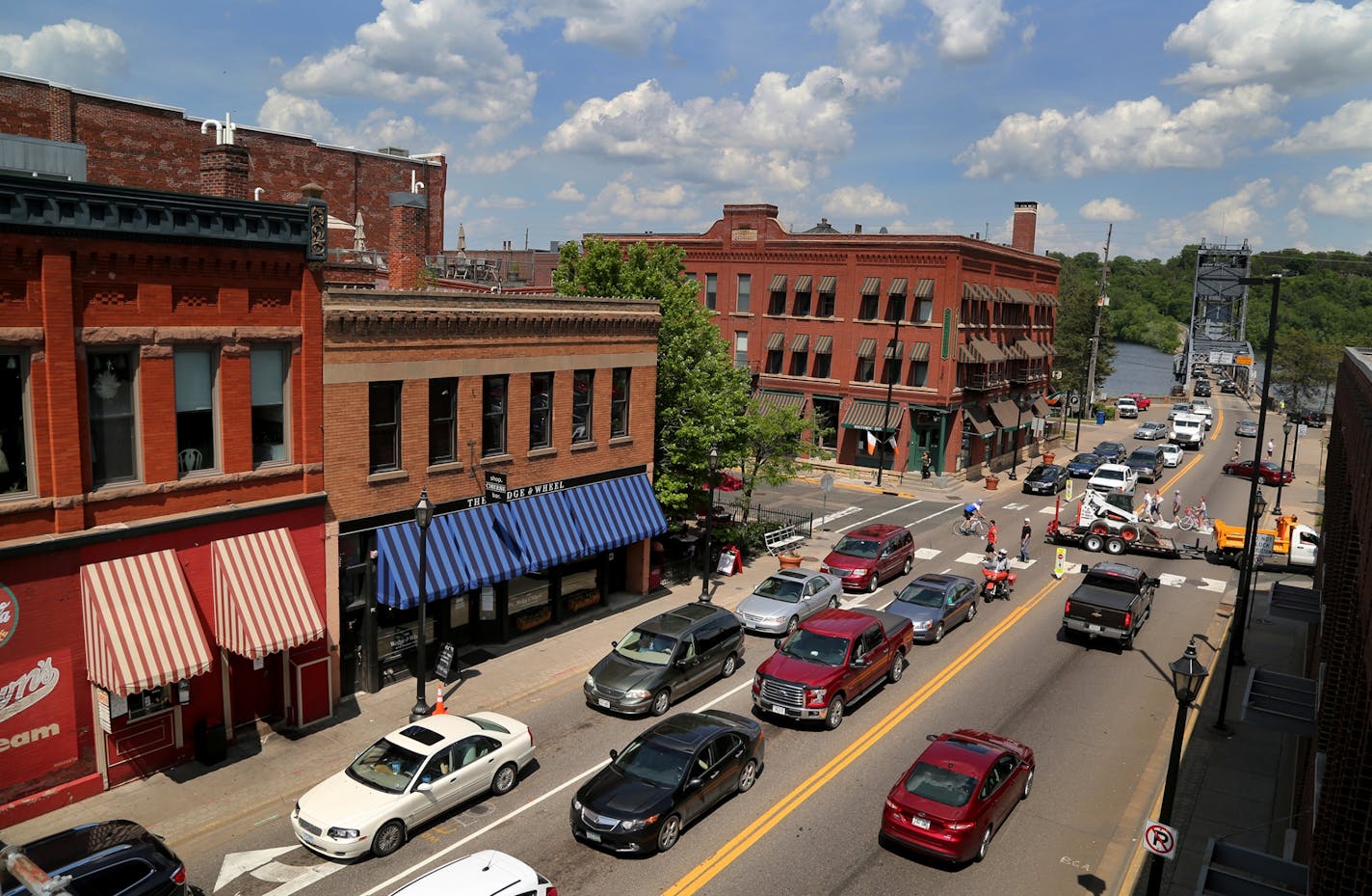 Seen from the roof of MARA MI store studio cafe Friday afternoon traffic fills the two blocks of Chestnut Street, leading to the old lift bridge on Friday, June 2, in downtown Stillwater, MN.