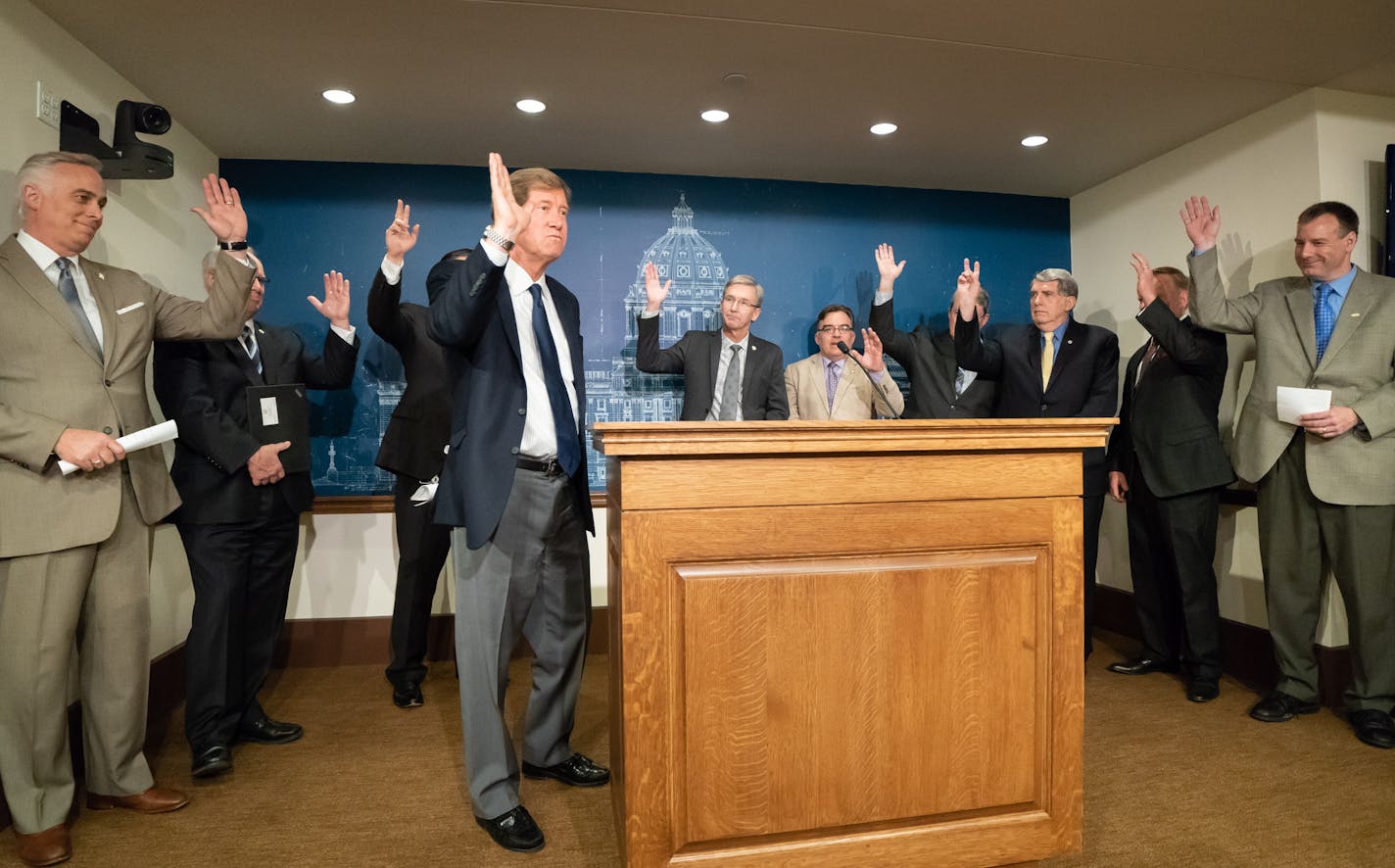 At a press conference at the State Capitol, U.S. Rep. Jason Lewis asked for a show of hands from legislators and other officials for how many of them wanted to rein in the Met Council regardless of the Southwest Light Rail project. ] GLEN STUBBE &#xef; glen.stubbe@startribune.com Wednesday, May 2, 2018 Rep. Jason Lewis and state lawmakers are trumpeting their efforts to rein in the Metropolitan Council at the State Capitol today. Gov. Mark Dayton has sent another letter to Capitol Hill leaders,