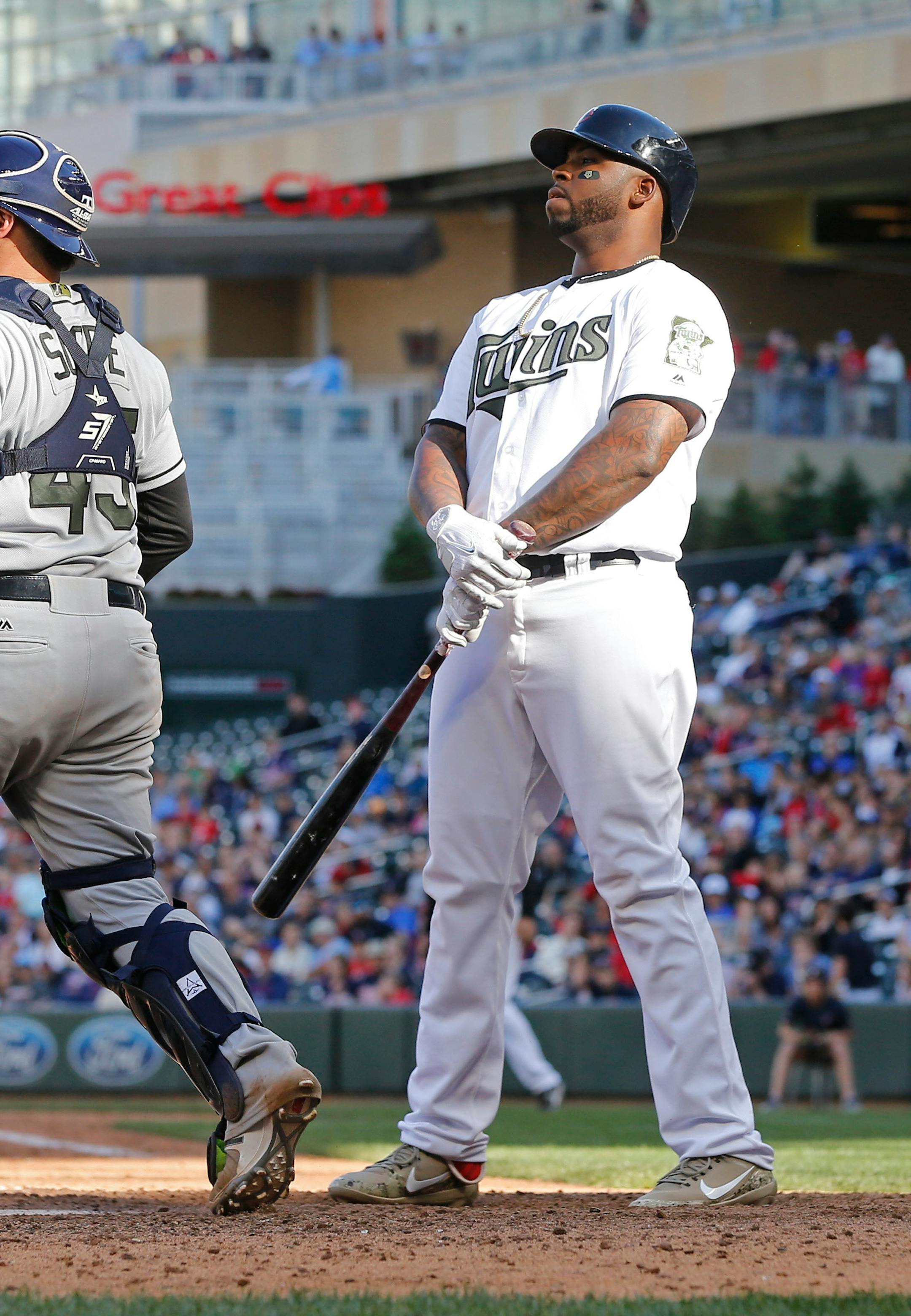 Minnesota Twins' Kennys Vargas remains still after striking out looking in the 11th inning of a baseball game Sunday, May 28, 2017 in Minneapolis. (AP Photo/Jim Mone)