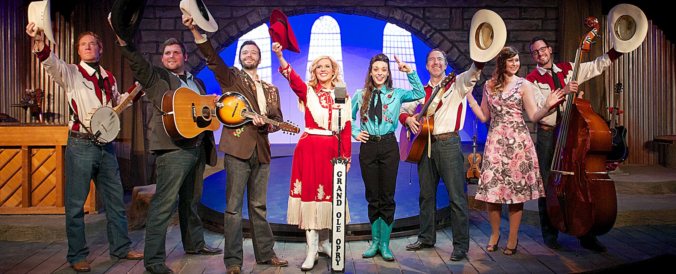 Photo Credit: Paul Nixdorf The cast of "Ring of Fire at thePlymouth Playhouse includes, from left: Chad Willow, Chet Wollan, Steve Lasiter, Candice Lively, Amberlyn Rosen, Tim Drake, Brittany Parker and Jason Uhlmann.