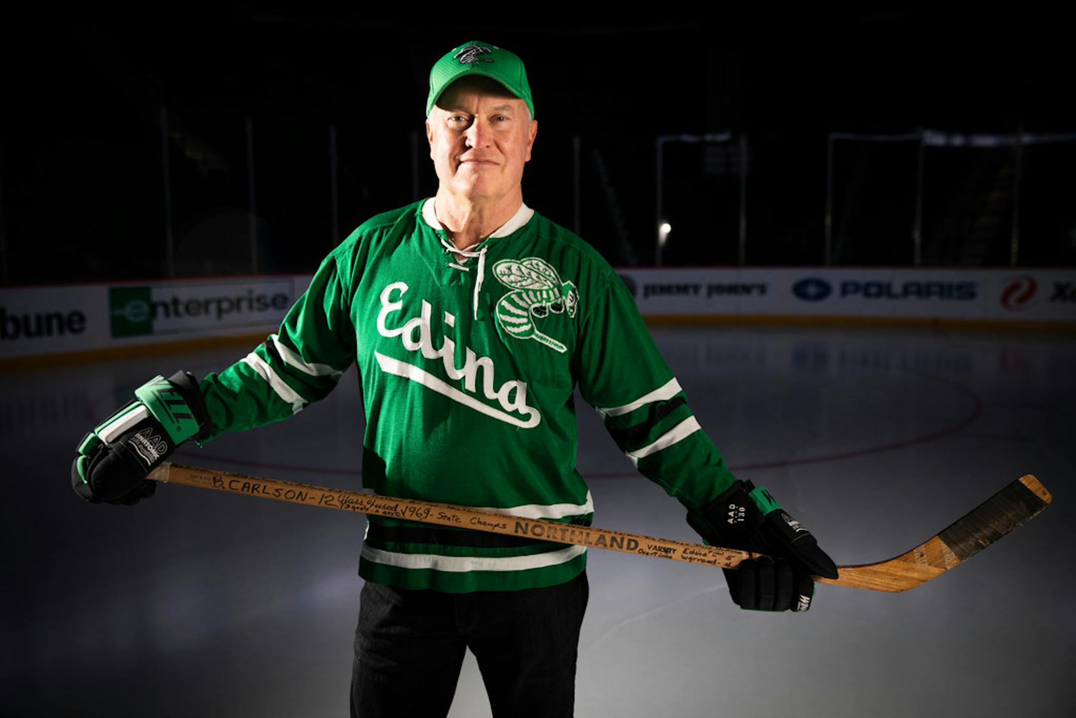 Bruce Carlson, a member of the Edina boys' hockey team that won the program's first of 12 state titles, posed for a portrait recently at Xcel Energy Center.