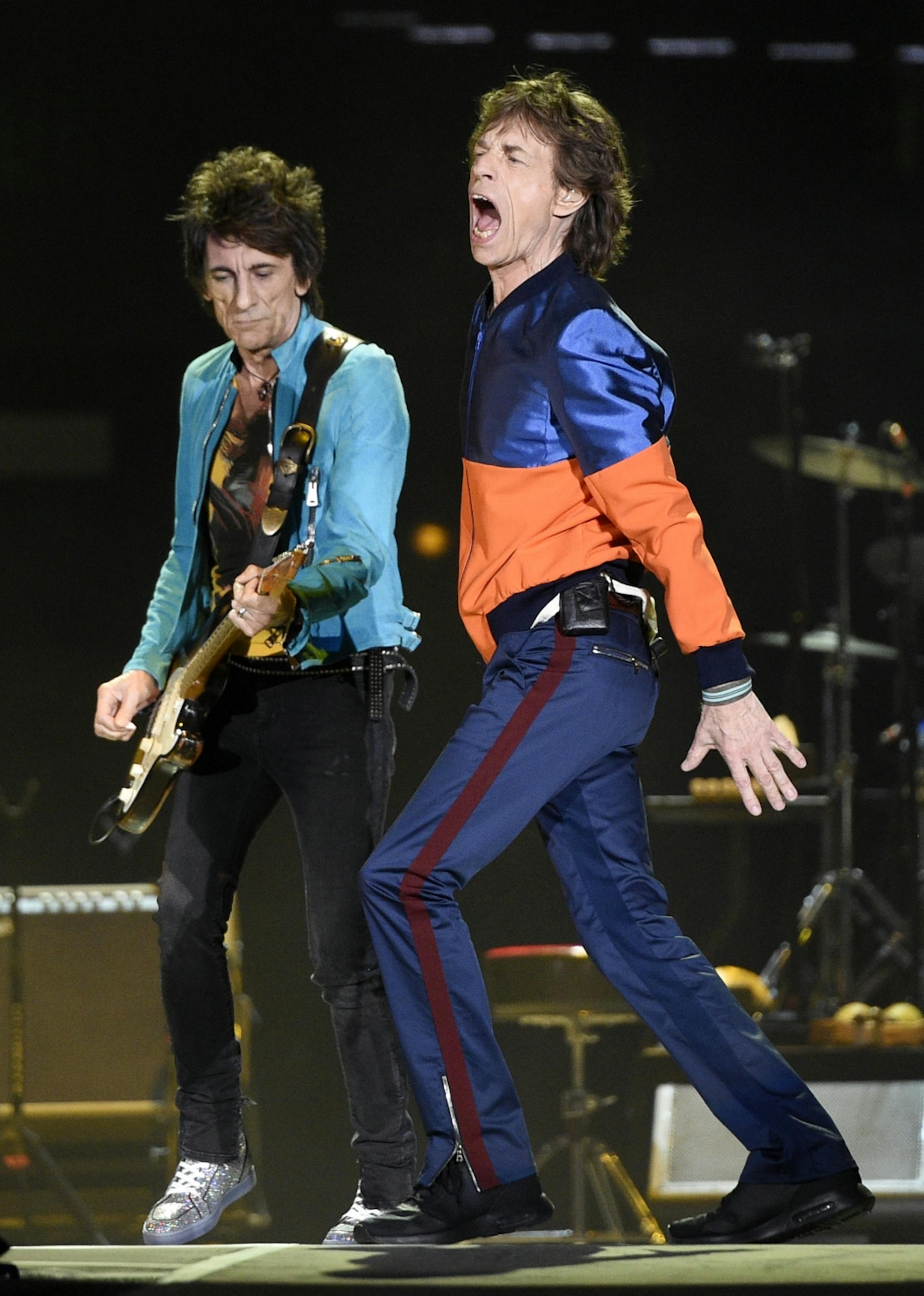 Ron Wood, left, and Mick Jagger of The Rolling Stones perform on day 1 of the 2016 Desert Trip music festival at Empire Polo Field on Friday, Oct. 7, 2016, in Indio, Calif.