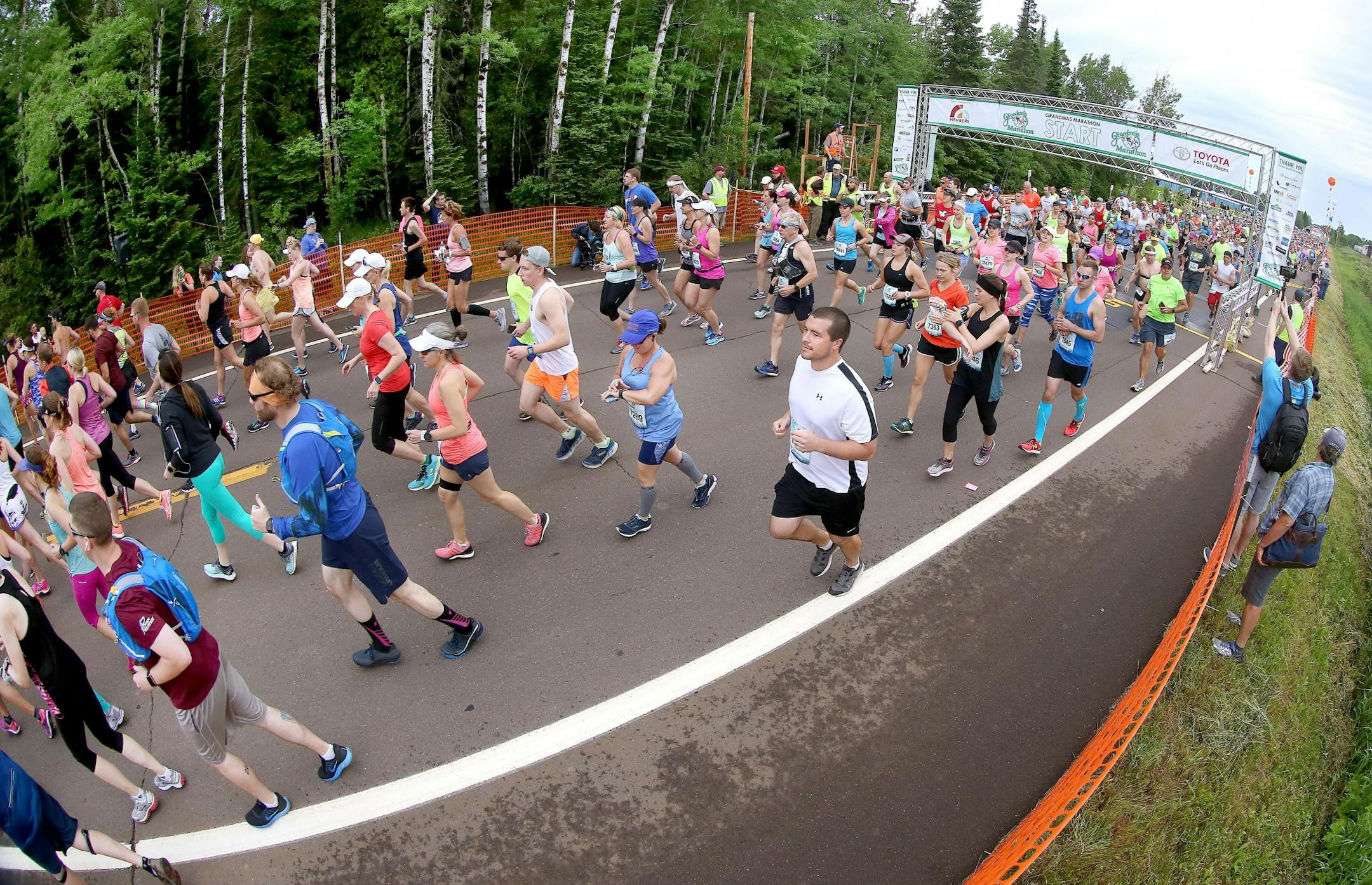Runners crowd the road at the start of the 2017 Grandma's Marathon on Saturday on the North Shore.