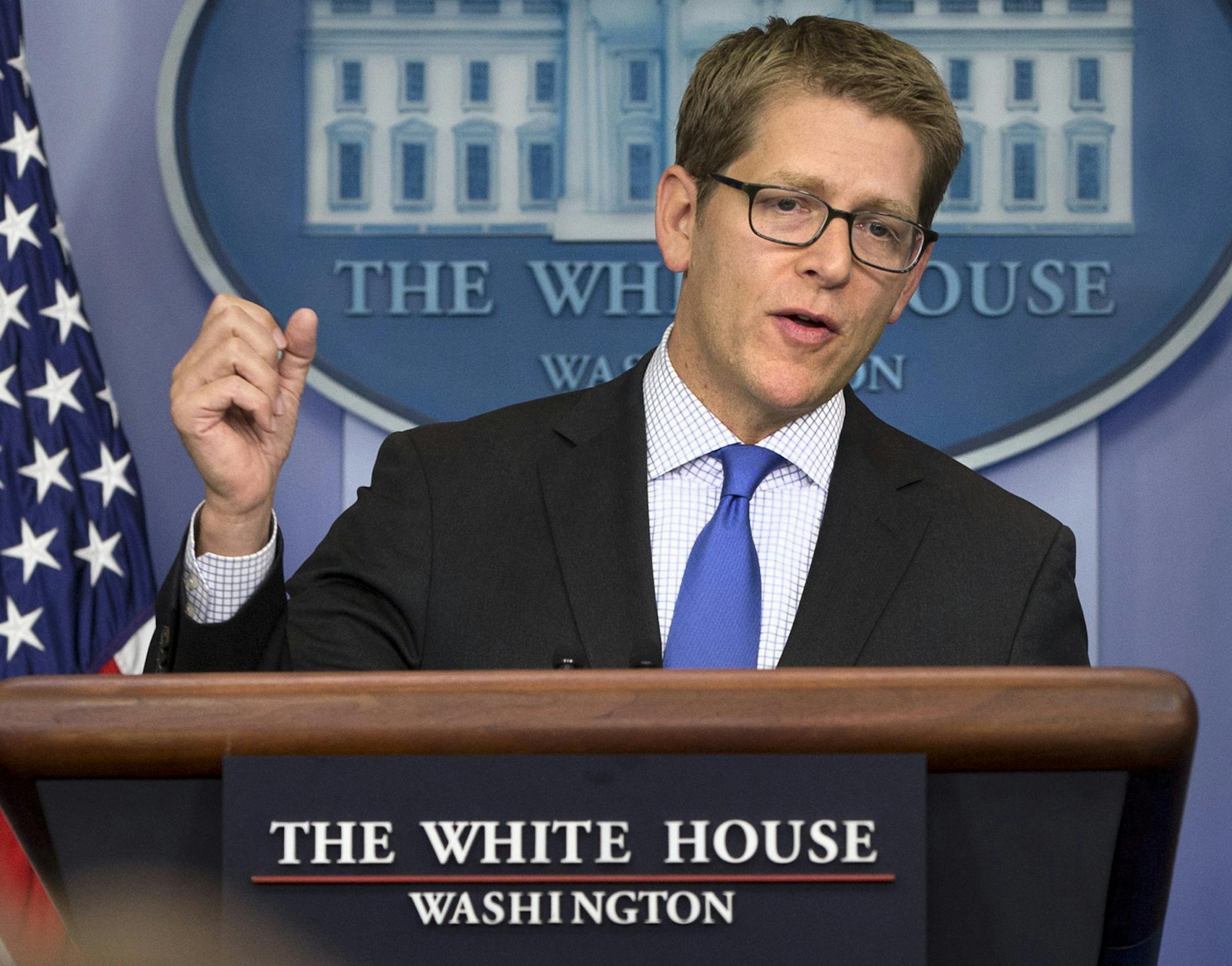White House press secretary Jay Carney answers questions about Syria and chemical weapons during his daily news briefing at the White House in Washington, Tuesday, Aug. 27, 2013. The U.S. was expected to make public a more formal determination of chemical weapons use on Tuesday, however Carney stated that the president did not have a decision made about the response to announce at this time. (AP Photo/Jacquelyn Martin) ORG XMIT: MIN2013082719523885