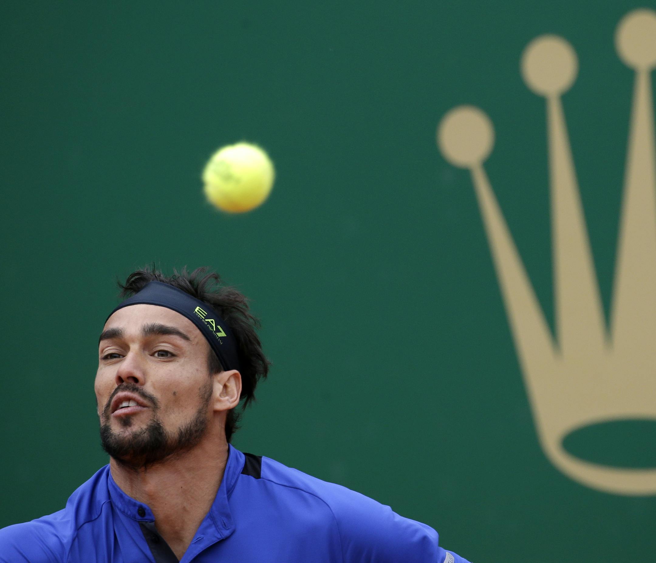 Italy's Fabio Fognini returns a ball to Serbia's Dusan Lajovic during the men's singles final match of the Monte Carlo Tennis Masters tournament in Monaco, Sunday, April, 21, 2019. (AP Photo/Claude Paris)