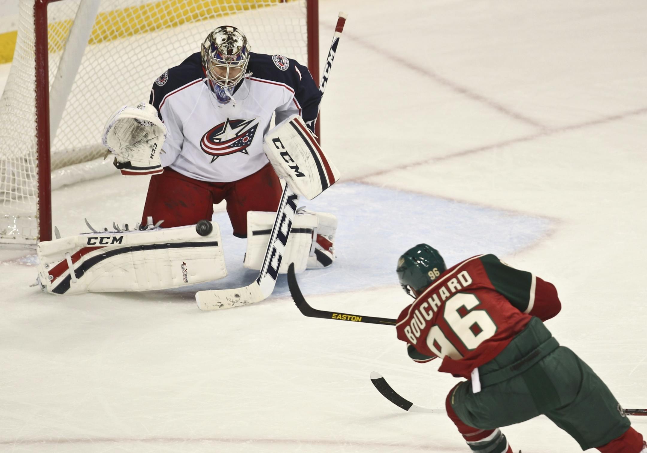 Wild's Pierre-Marc Bouchard made a shot on Blue Jacket's goalie Steve Mason that scored the winning point (3-2) in the third period during an NHL game between the Minnesota Wild and the Columbus Blue Jackets at the Xcel Energy Center in St. Paul, Minn. on Tuesday, January 29, 2013.