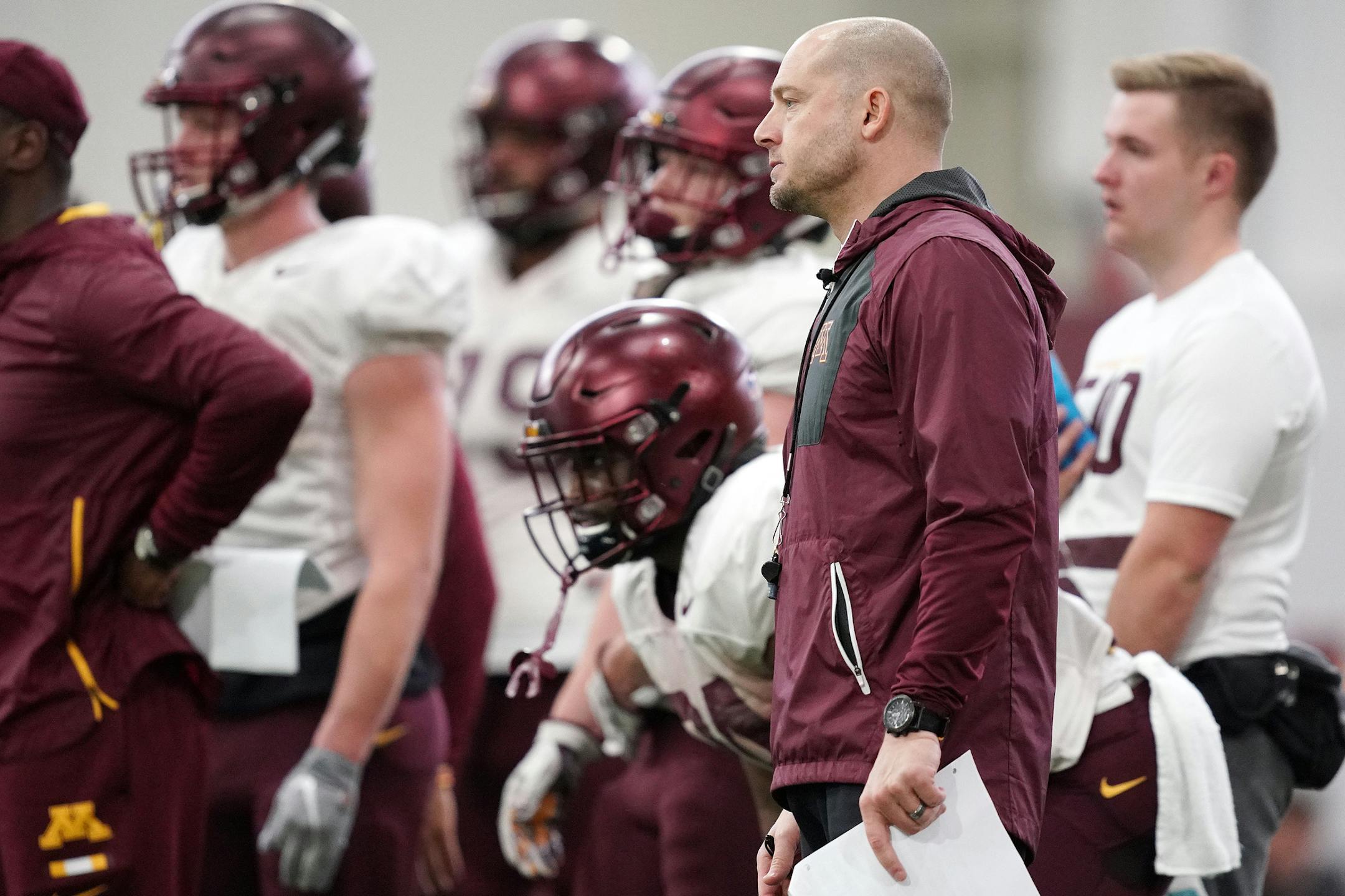 Minnesota Golden Gophers head football coach P.J. Fleck watched over his team during spring practice Tuesday. ] ANTHONY SOUFFLE &#x2022; anthony.souffle@startribune.com The Minnesota Golden Gophers football team practiced Tuesday, April 2, 2019 at the Gibson-Nagurski Football Complex in Minneapolis.