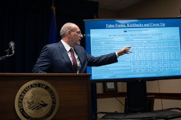 U.S. Attorney Andrew Luger shows how one meal provider claimed to feed the same number of children each day, which he said is a red flag for fraud. 