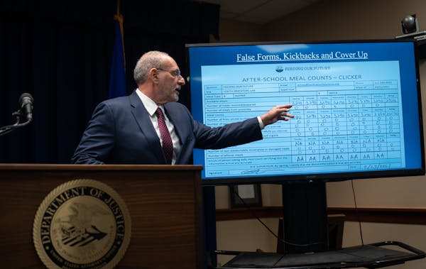 U.S. Attorney Andrew Luger shows how one meal provider claimed to feed the same number of children each day, which he said is a red flag for fraud. 