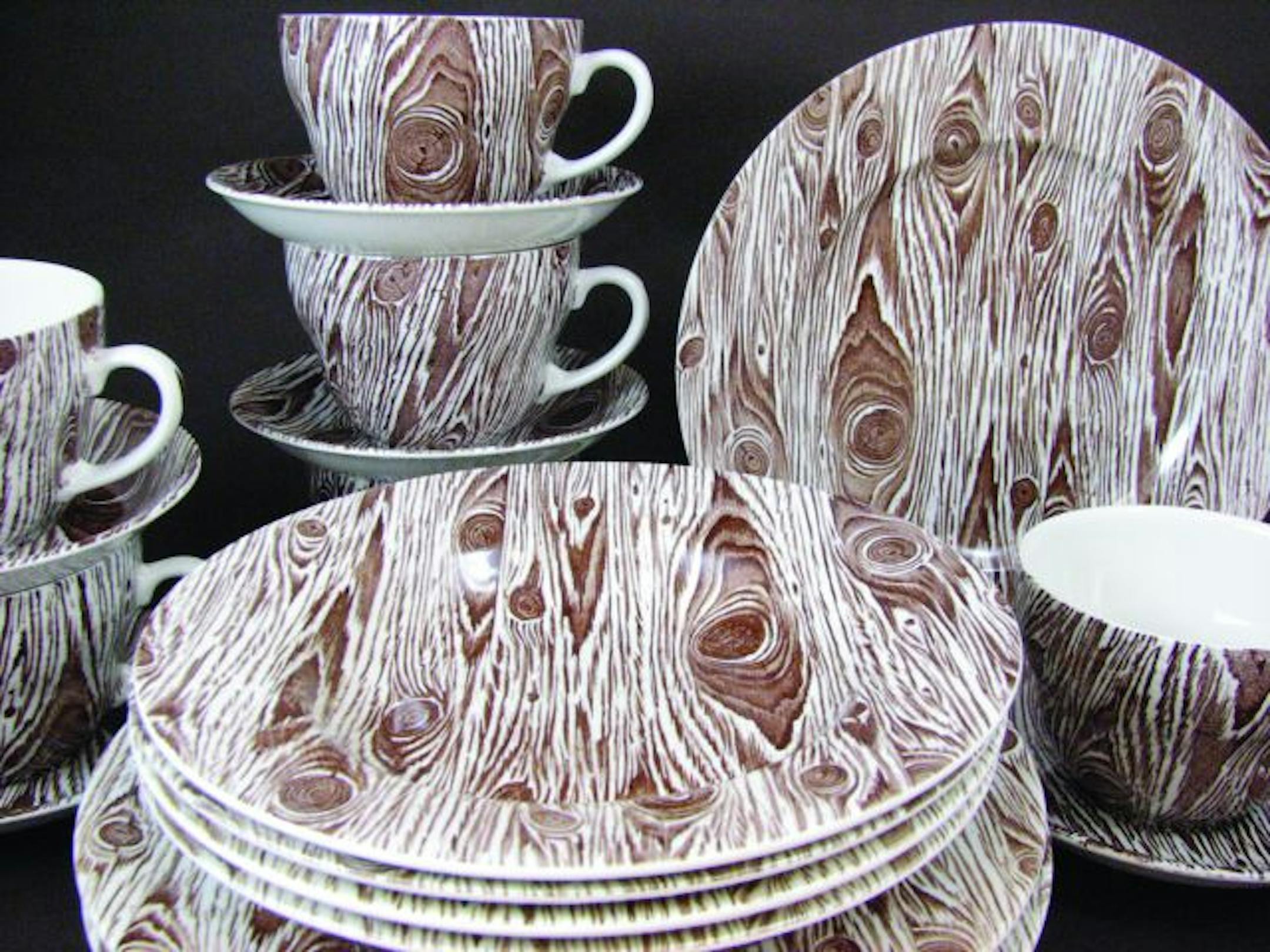 Dinnerware has a trend-right faux bois (false wood) design.