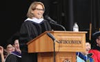 Keynote speaker Katie Couric speaks to a crowd of graduates during the University of Wisconsin-Madison spring commencement ceremony ceremony at Camp R