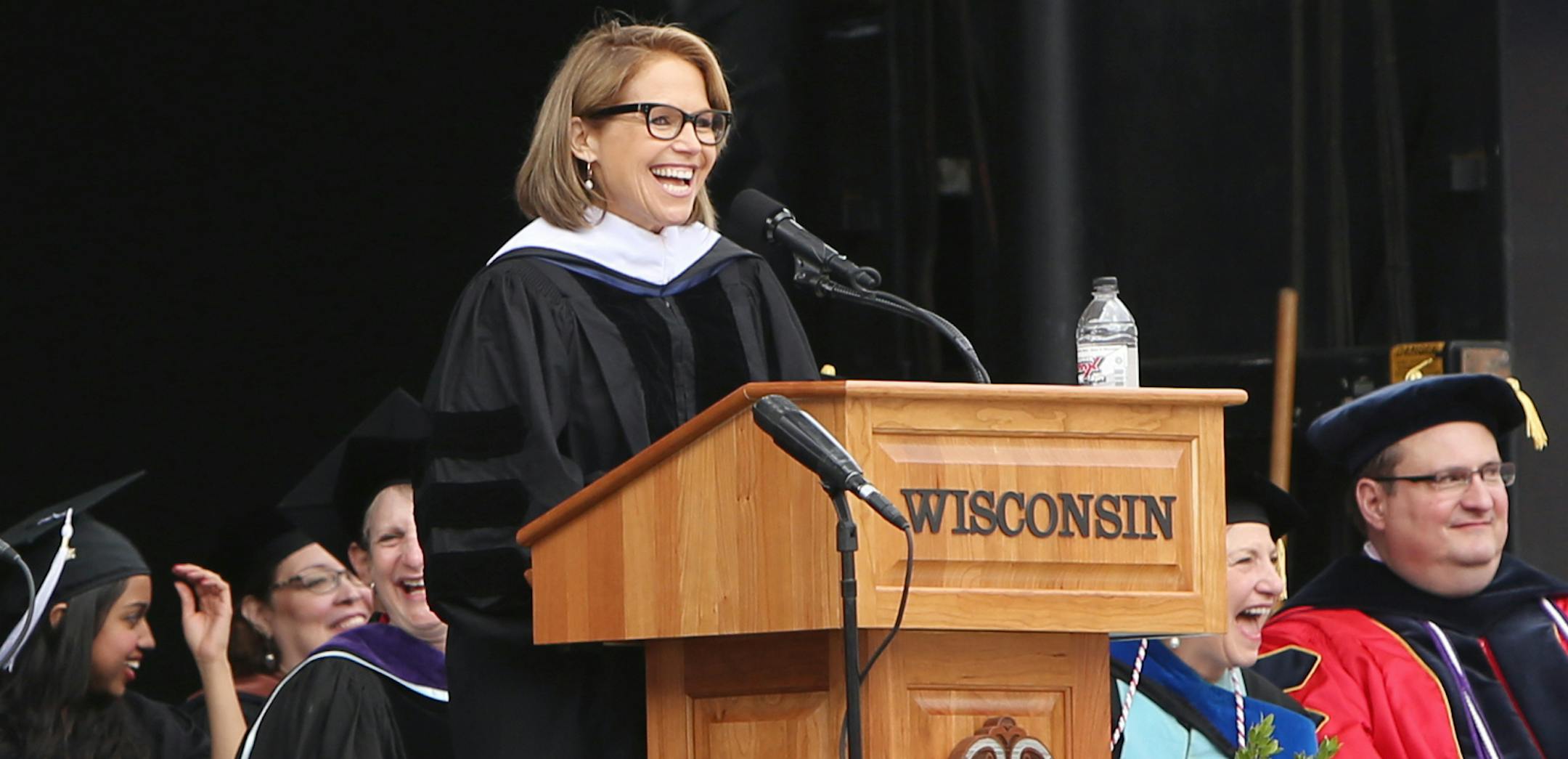 Keynote speaker Katie Couric speaks to a crowd of graduates during the University of Wisconsin-Madison spring commencement ceremony ceremony at Camp Randall Stadium in Madison, Wis., Saturday, May 16, 2015. (Amber Arnold/Wisconsin State Journal via AP) ORG XMIT: MIN2015052912104452